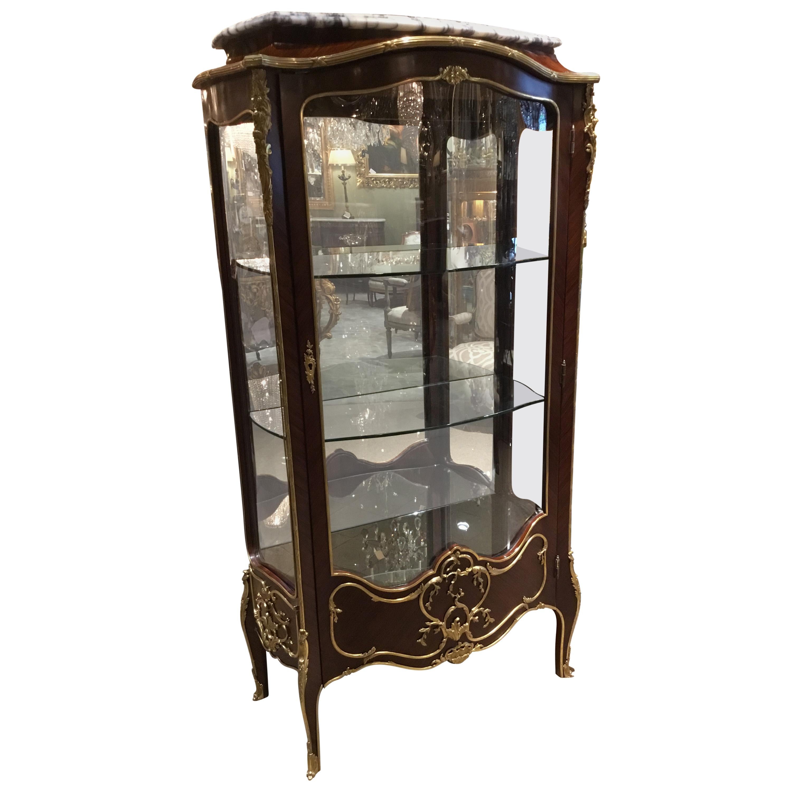 French Louis XV Style Gilt Bronze Mounted Vitrine Cabinet with Marble Top For Sale