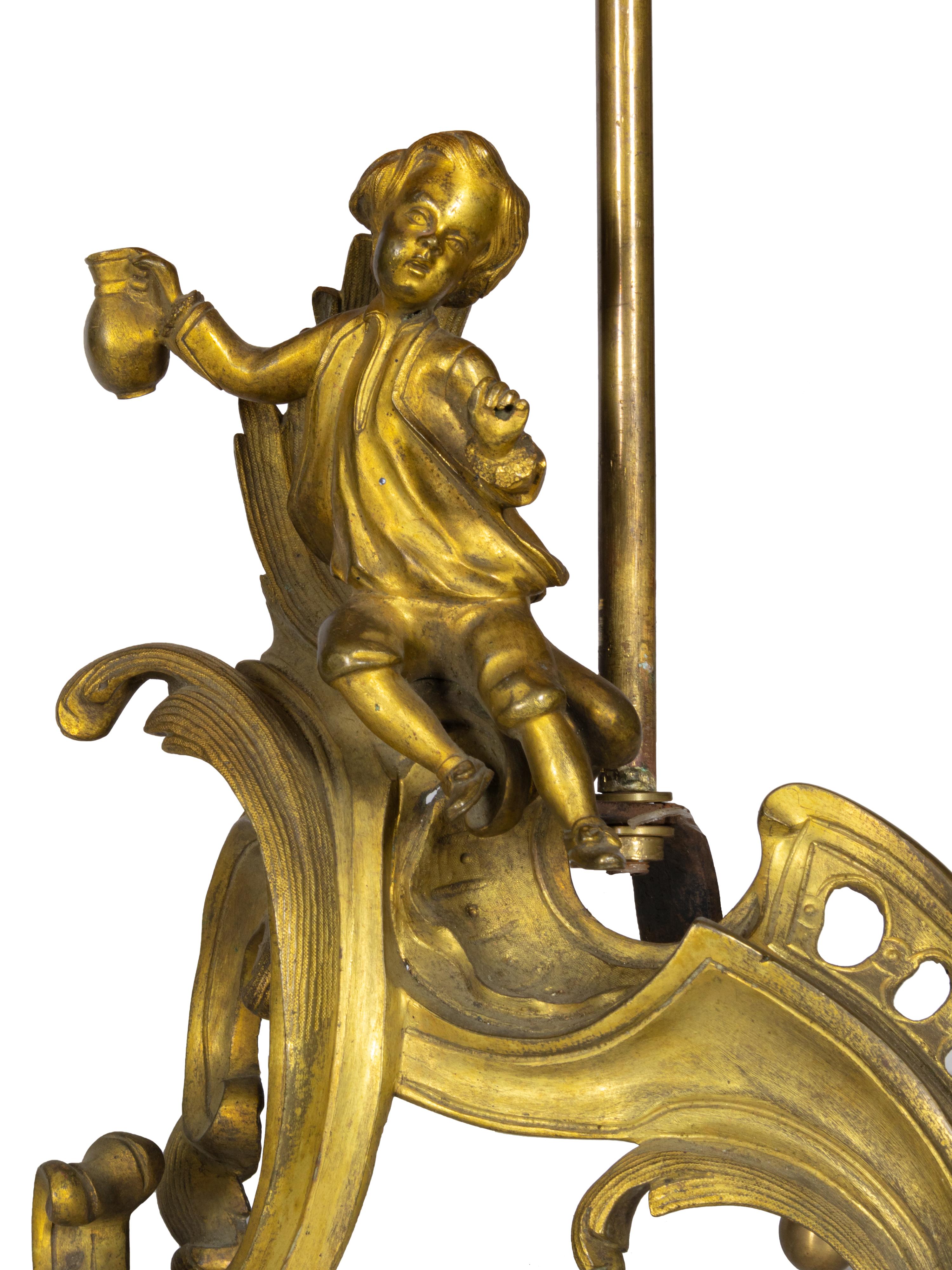 French Louis XV Style Gilt Bronze Putti Chenet Lamp, 19th Century In Good Condition In Lisbon, PT