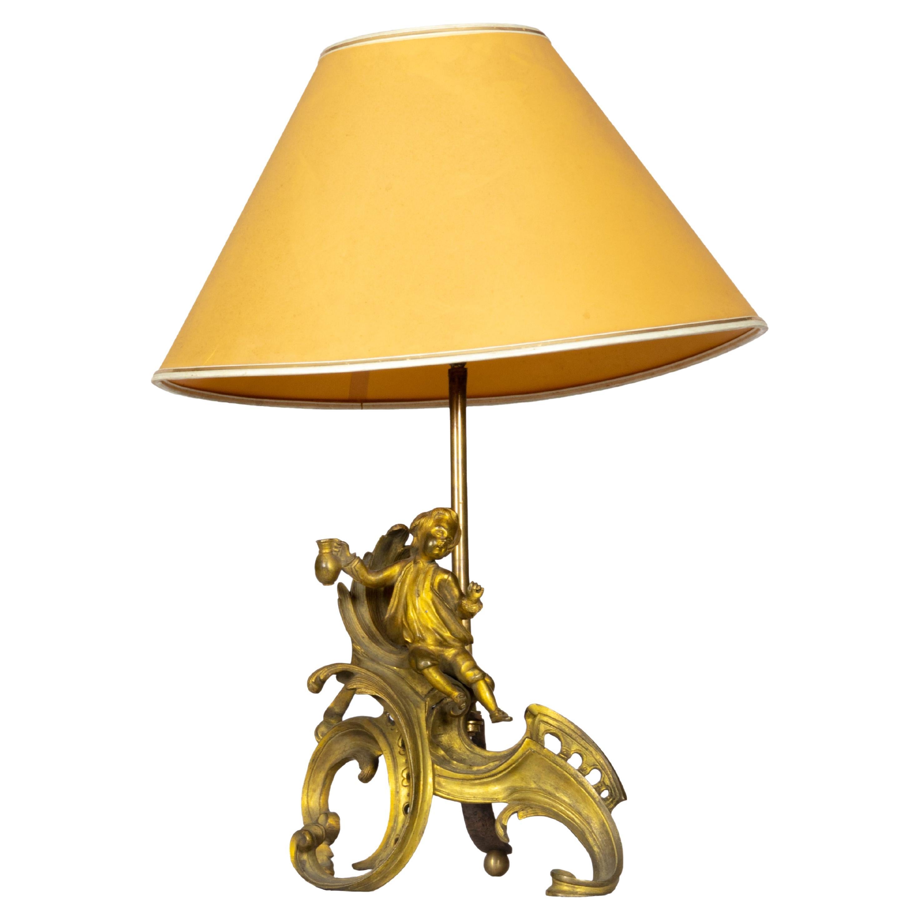 French Louis XV Style Gilt Bronze Putti Chenet Lamp, 19th Century For Sale