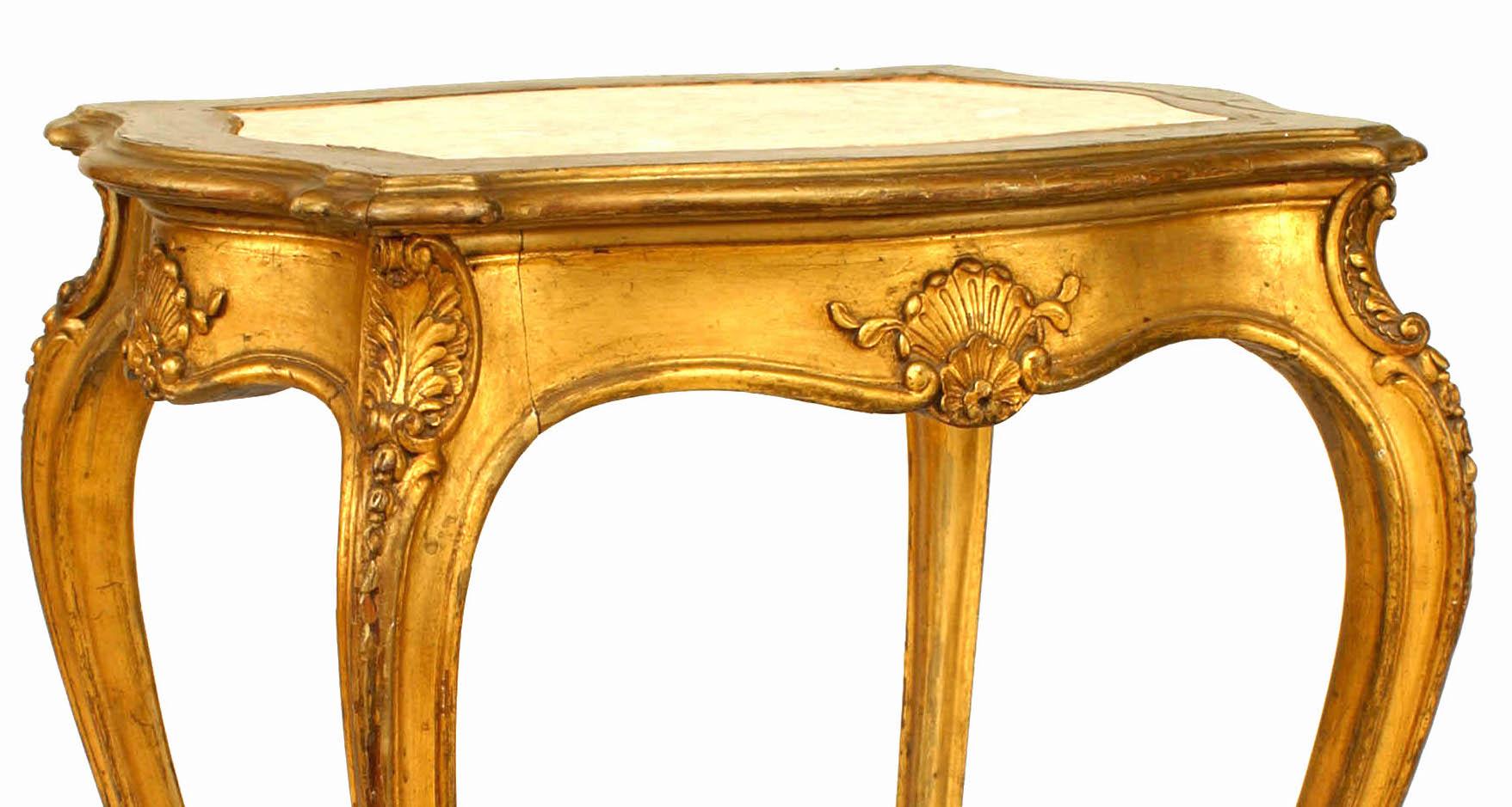 French Louis XV-style (19/20th Century) gilt rectangular end table with pink inset marble top
