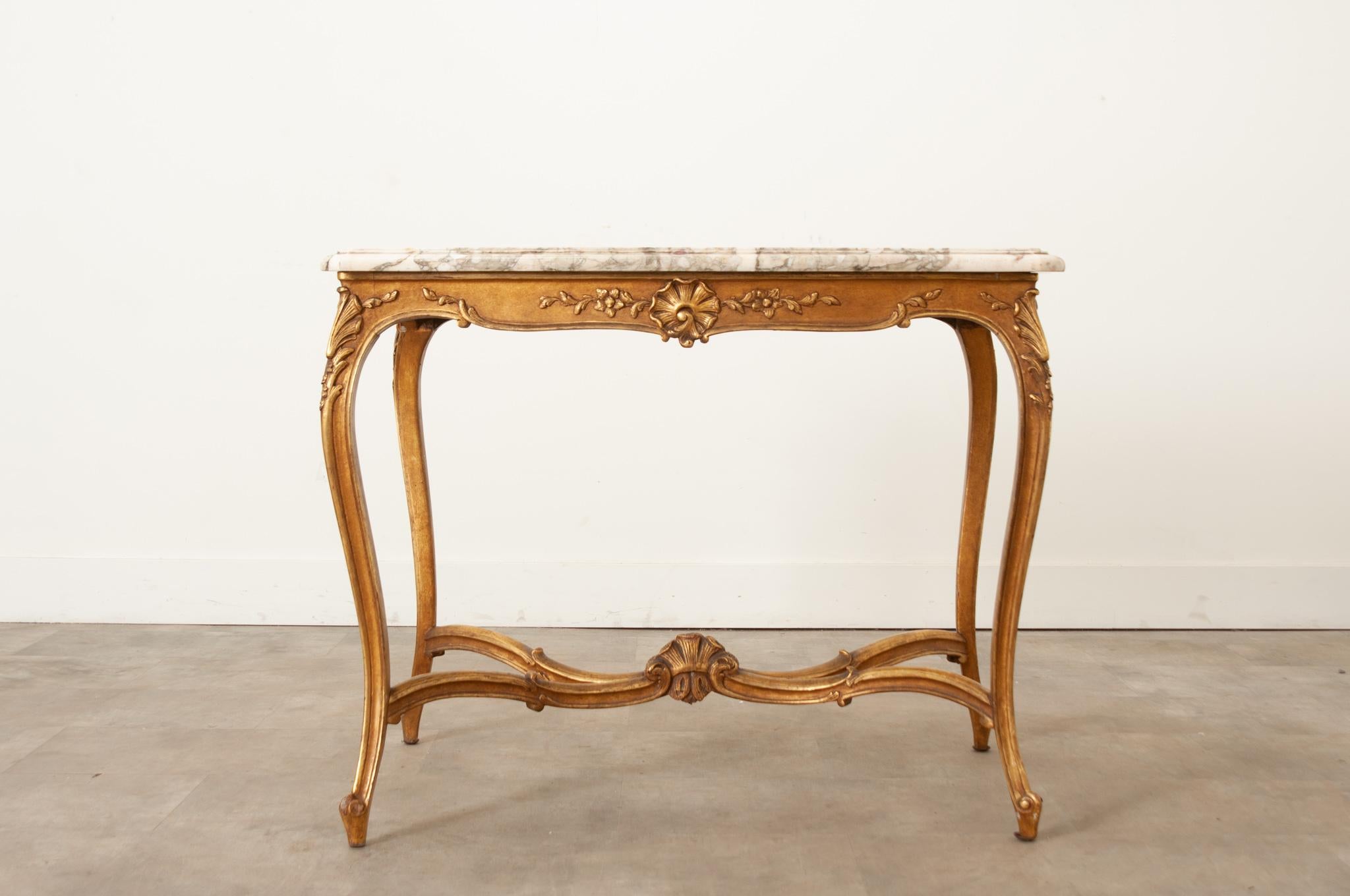 Hand-Carved French Louis XV Style Gilt & Marble Table For Sale