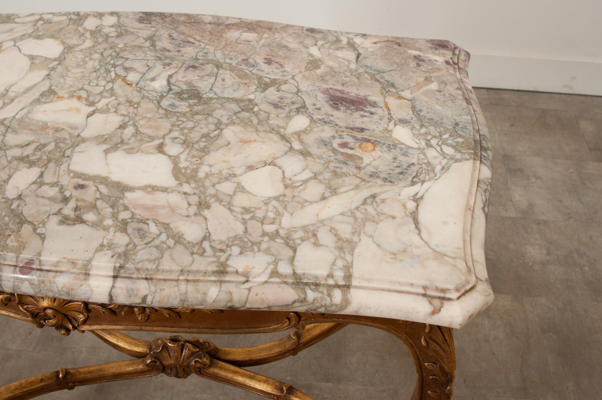 French Louis XV Style Gilt & Marble Table For Sale 2