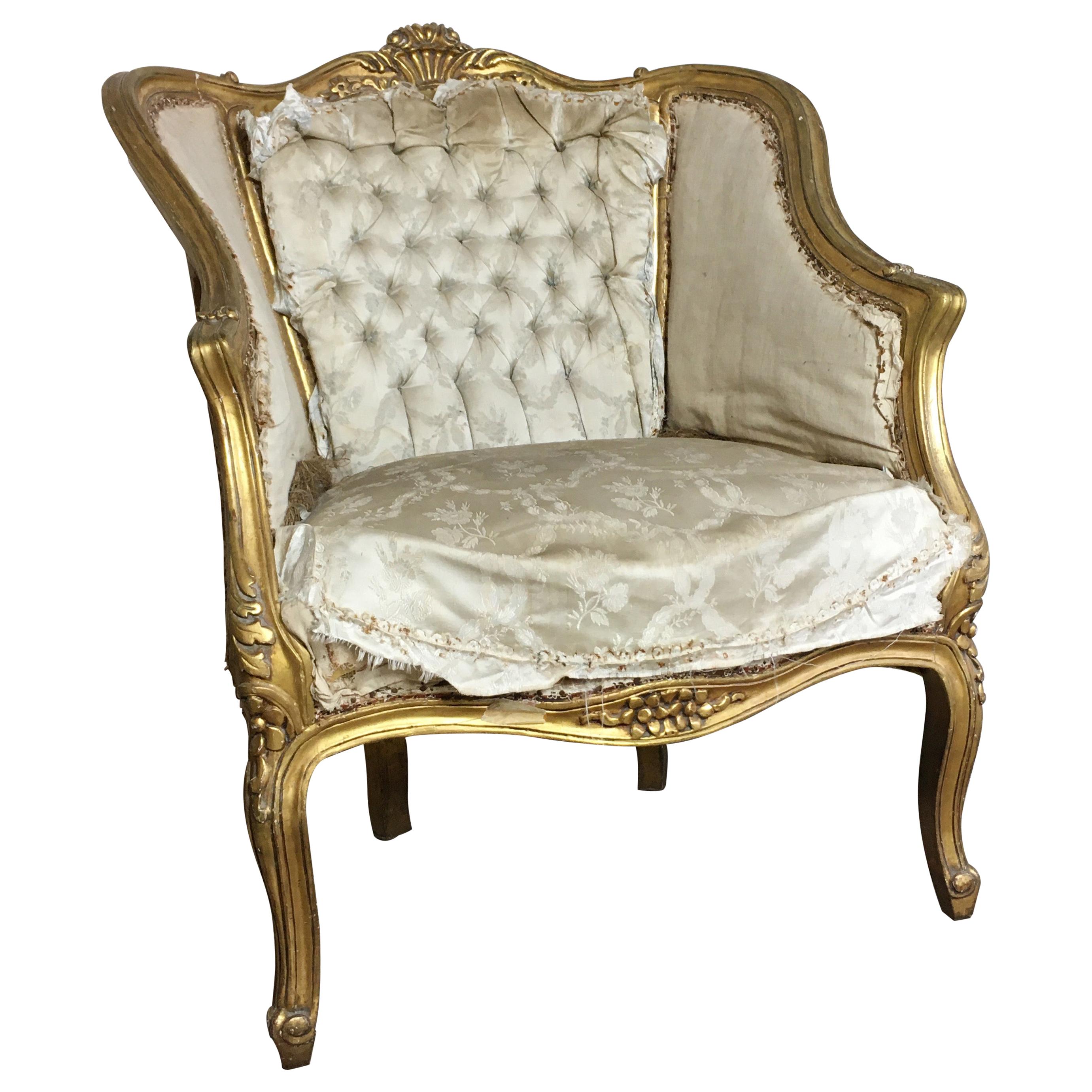 French Louis XV Style Giltwood Armchair, circa 1900 for re-upholstery