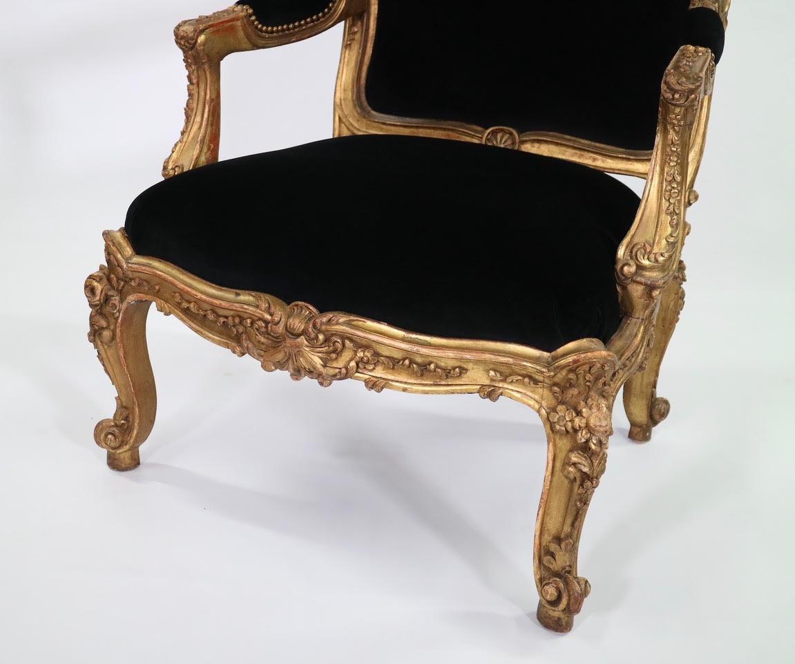 Upholstery French Louis XV Style Giltwood Fauteuils a La Reine in Black Velvet