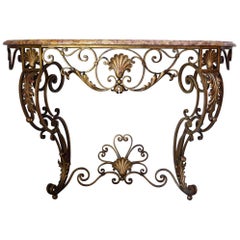 French Louis XV Style Gilt Wrought Iron and Marble-Top Console Table