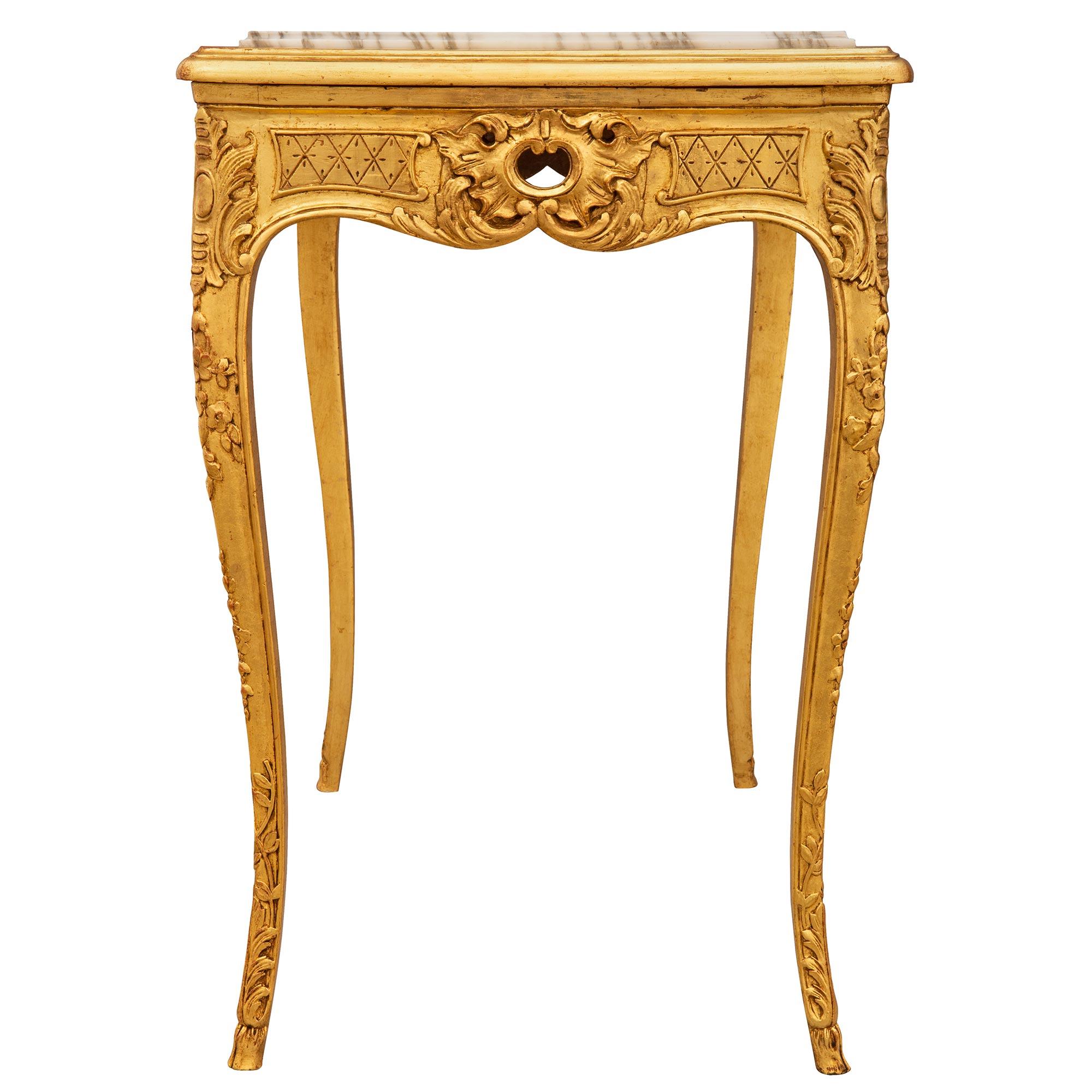 19th Century French Louis XV Style Giltwood and Fleur De Pêcher Marble Side Table