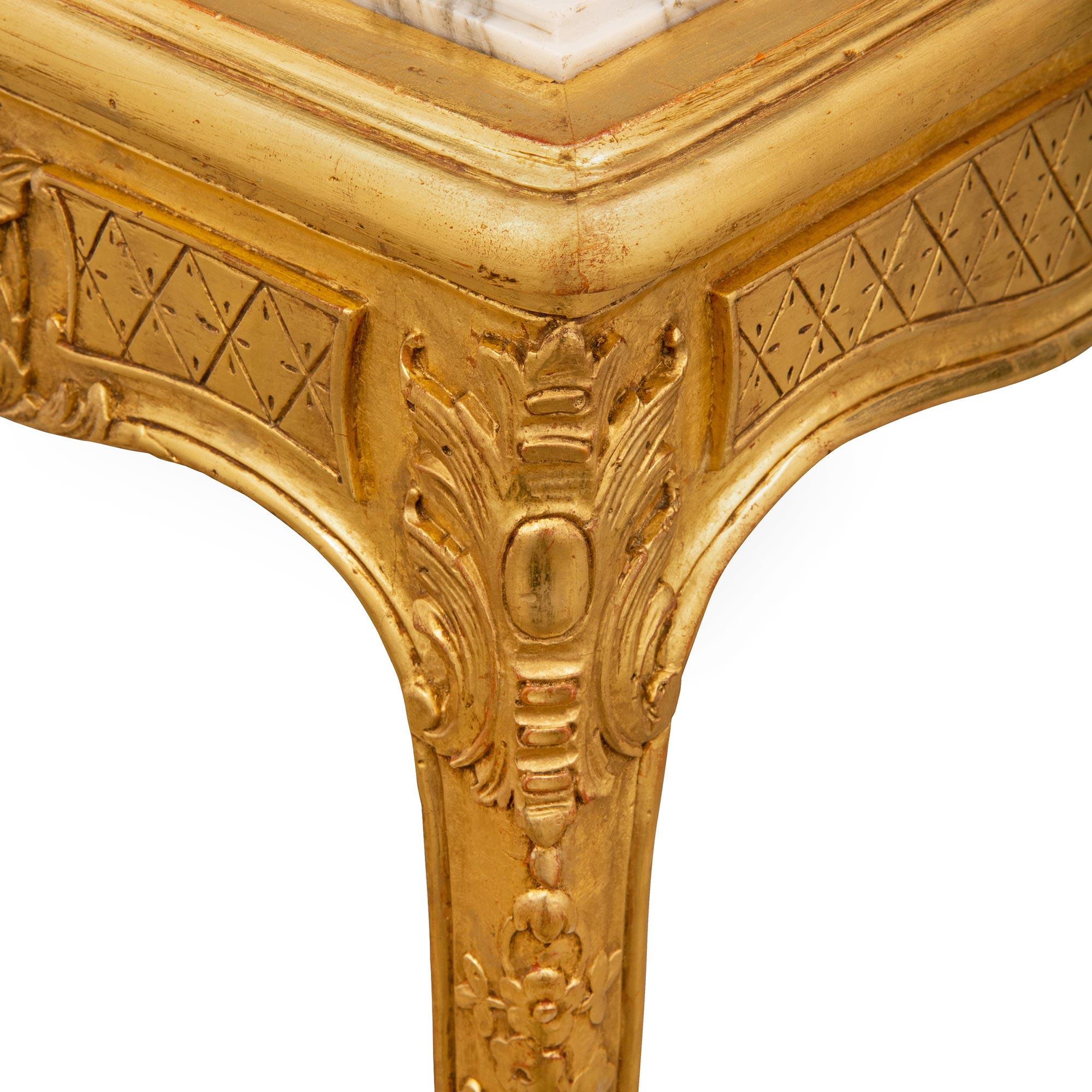 French Louis XV Style Giltwood and Fleur De Pêcher Marble Side Table 1