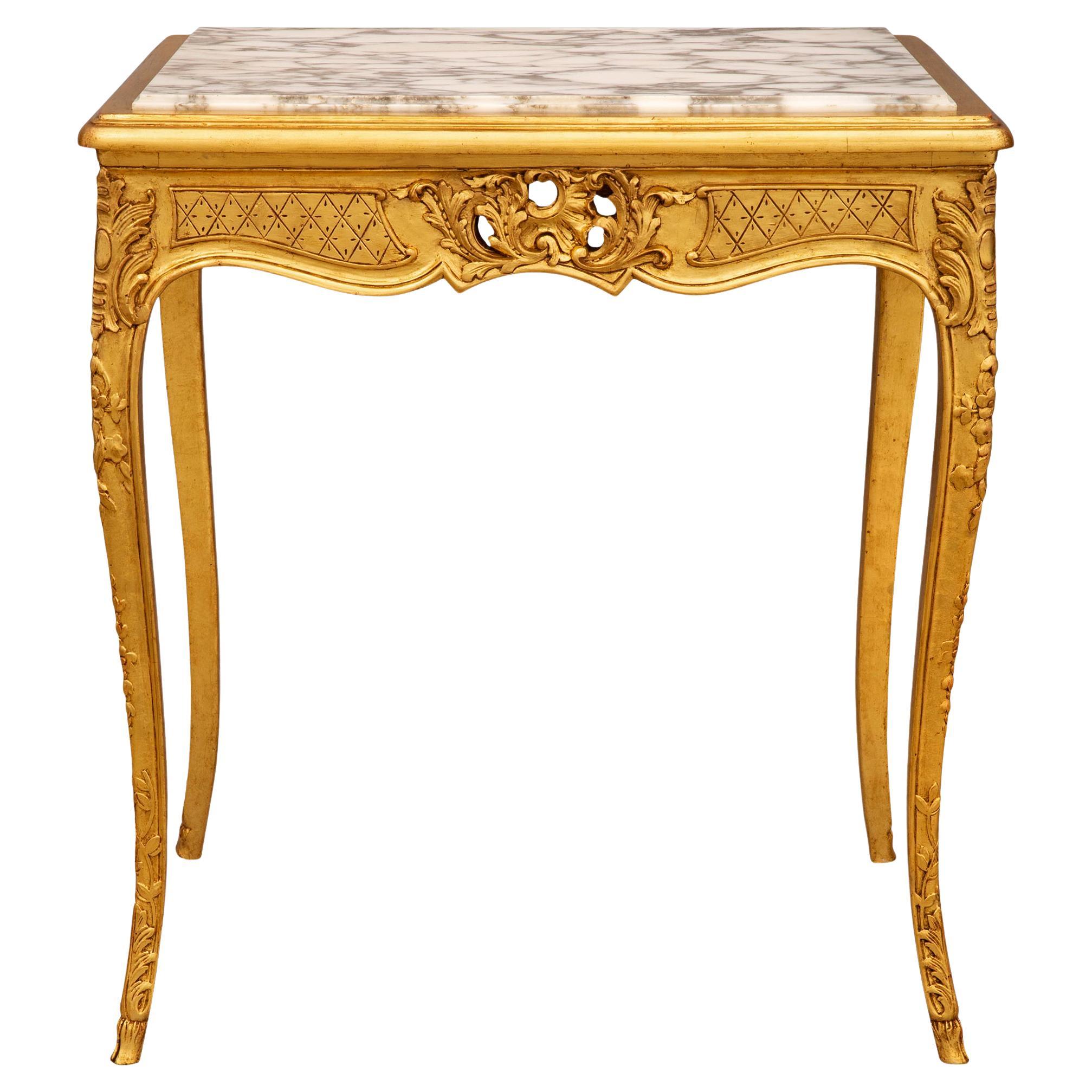 French Louis XV Style Giltwood and Fleur De Pêcher Marble Side Table For Sale