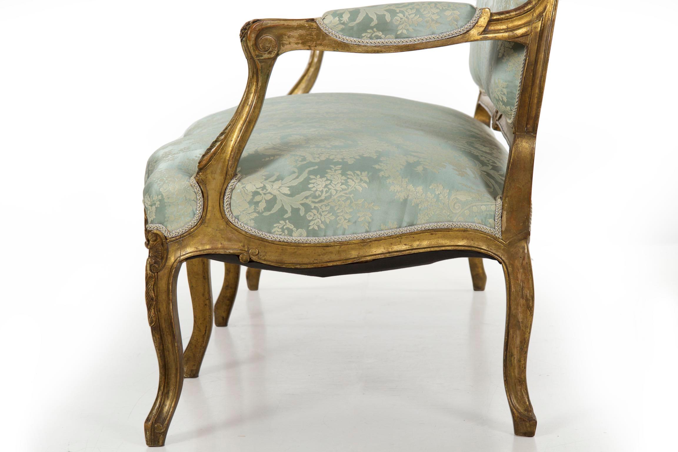 French Louis XV Style Giltwood Antique Settee Sofa in Blue Silk 7