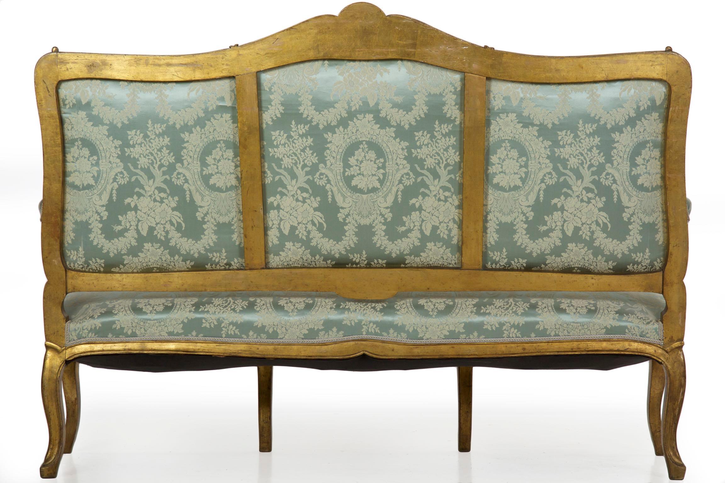 French Louis XV Style Giltwood Antique Settee Sofa in Blue Silk 9