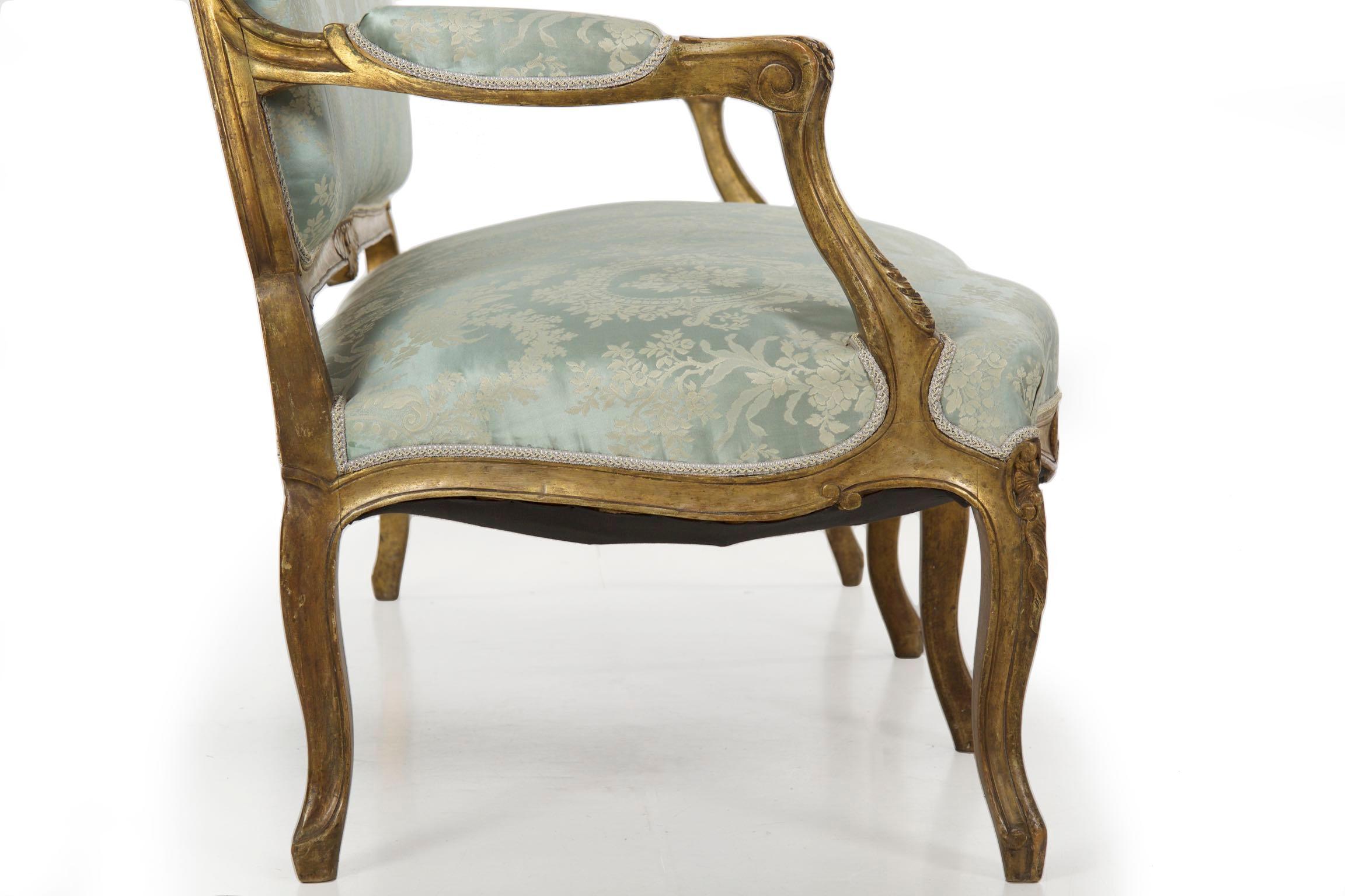 French Louis XV Style Giltwood Antique Settee Sofa in Blue Silk 11