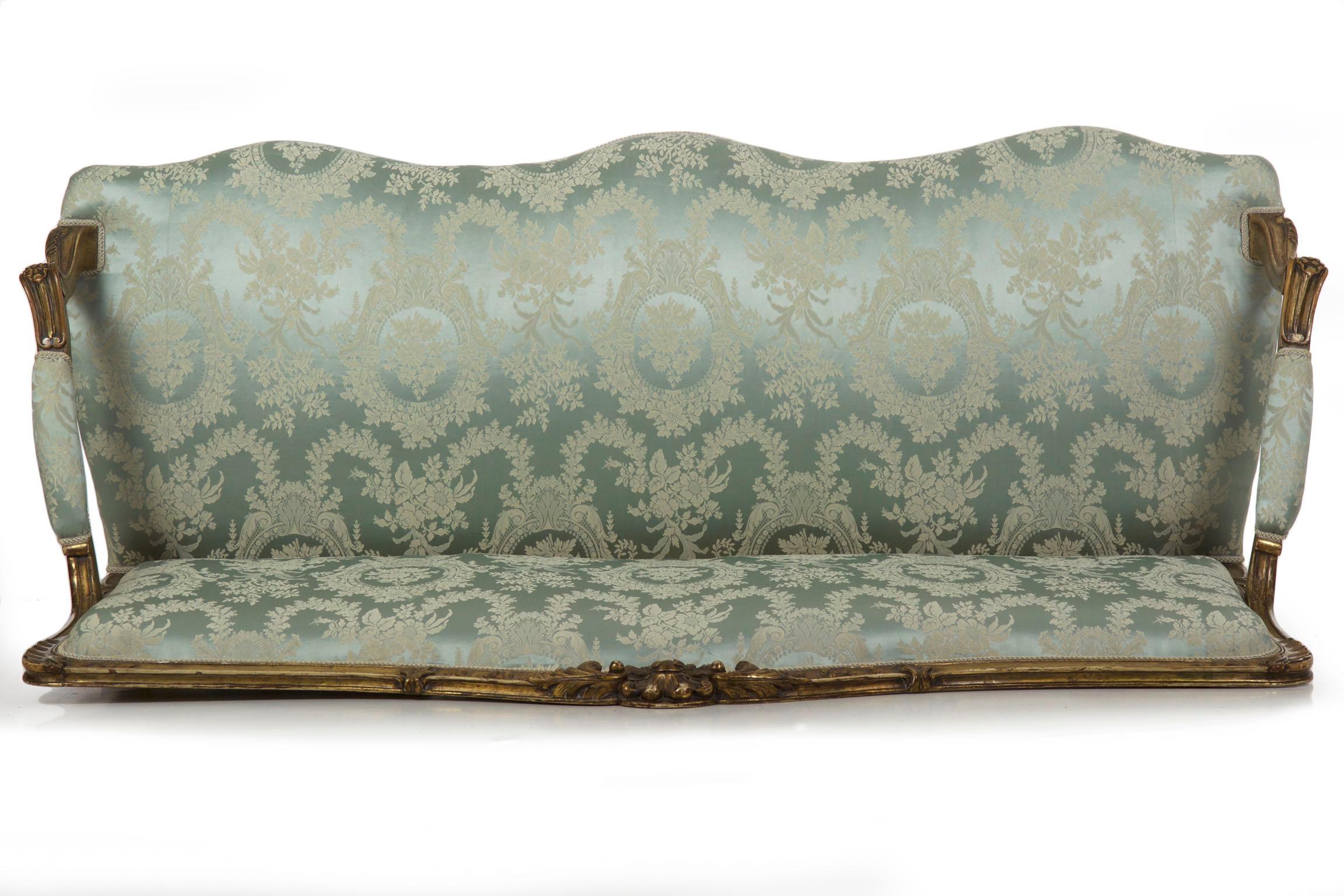 French Louis XV Style Giltwood Antique Settee Sofa in Blue Silk 14