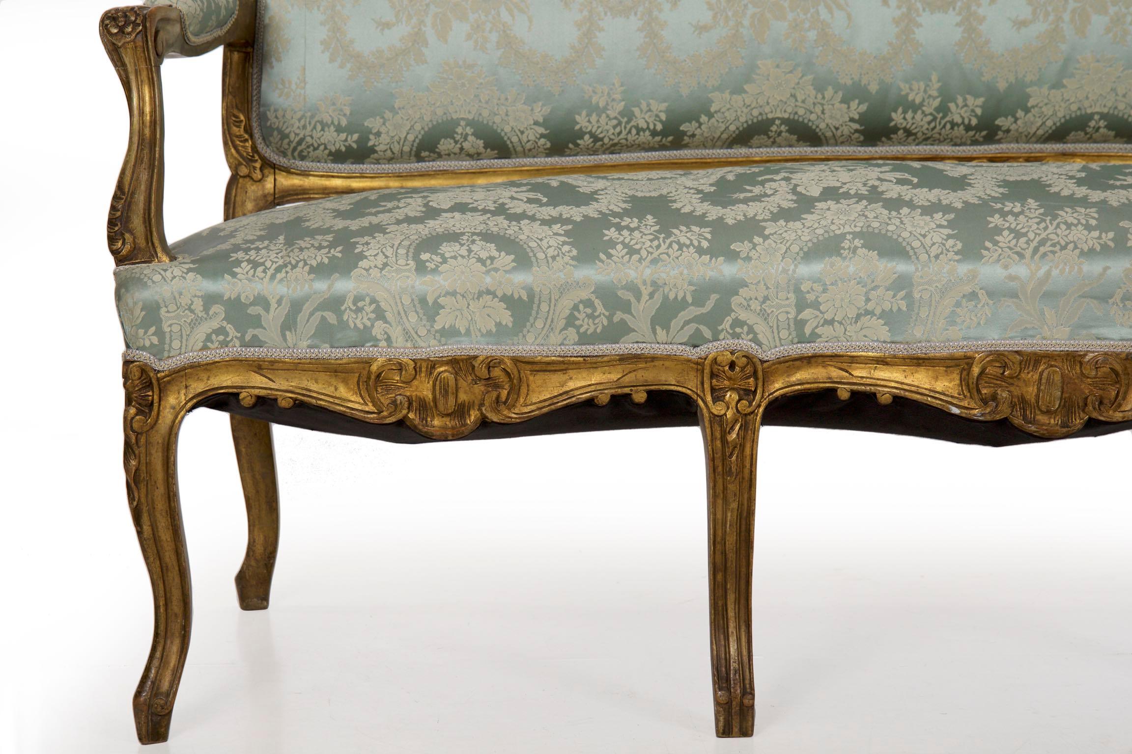 20th Century French Louis XV Style Giltwood Antique Settee Sofa in Blue Silk