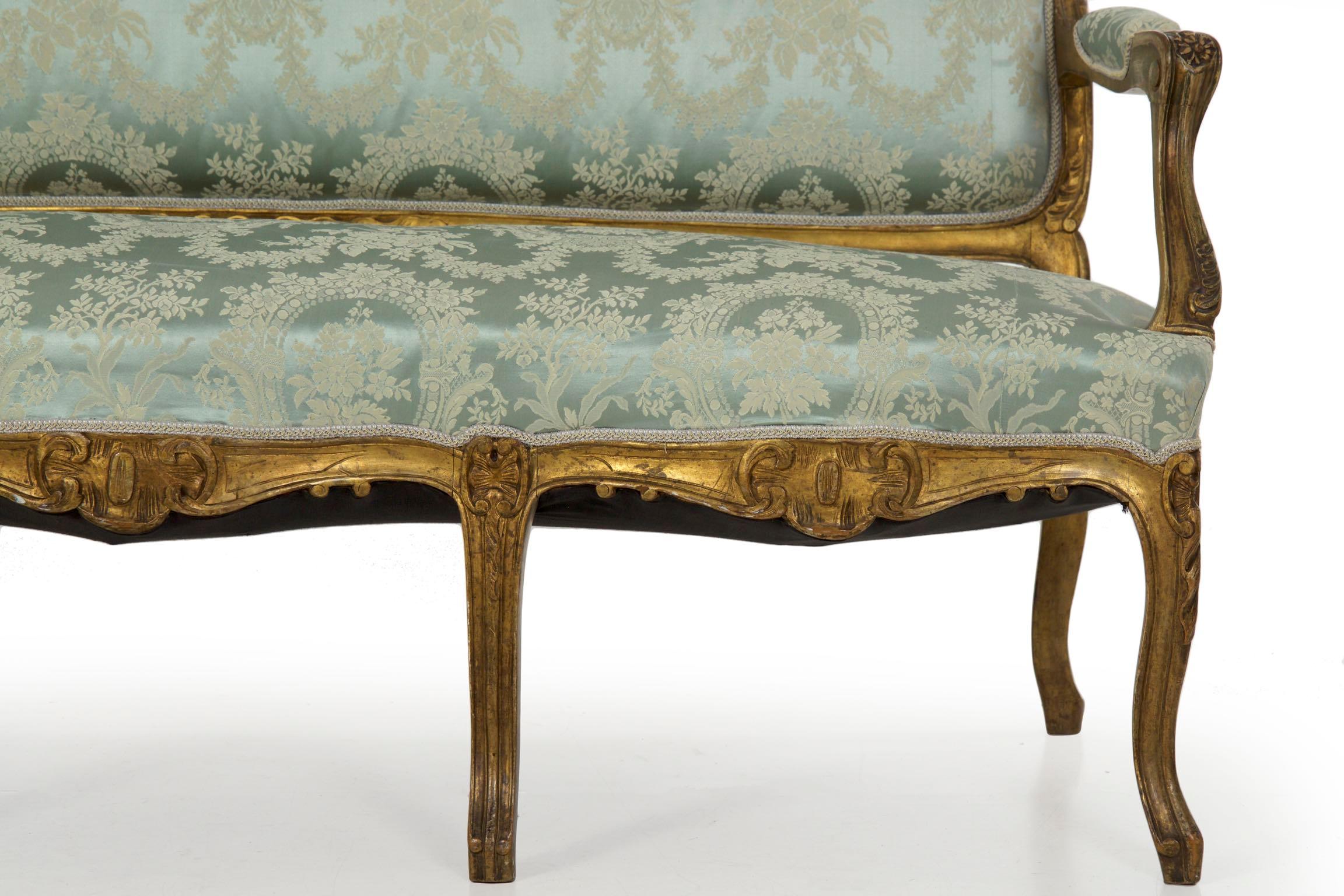Damask French Louis XV Style Giltwood Antique Settee Sofa in Blue Silk