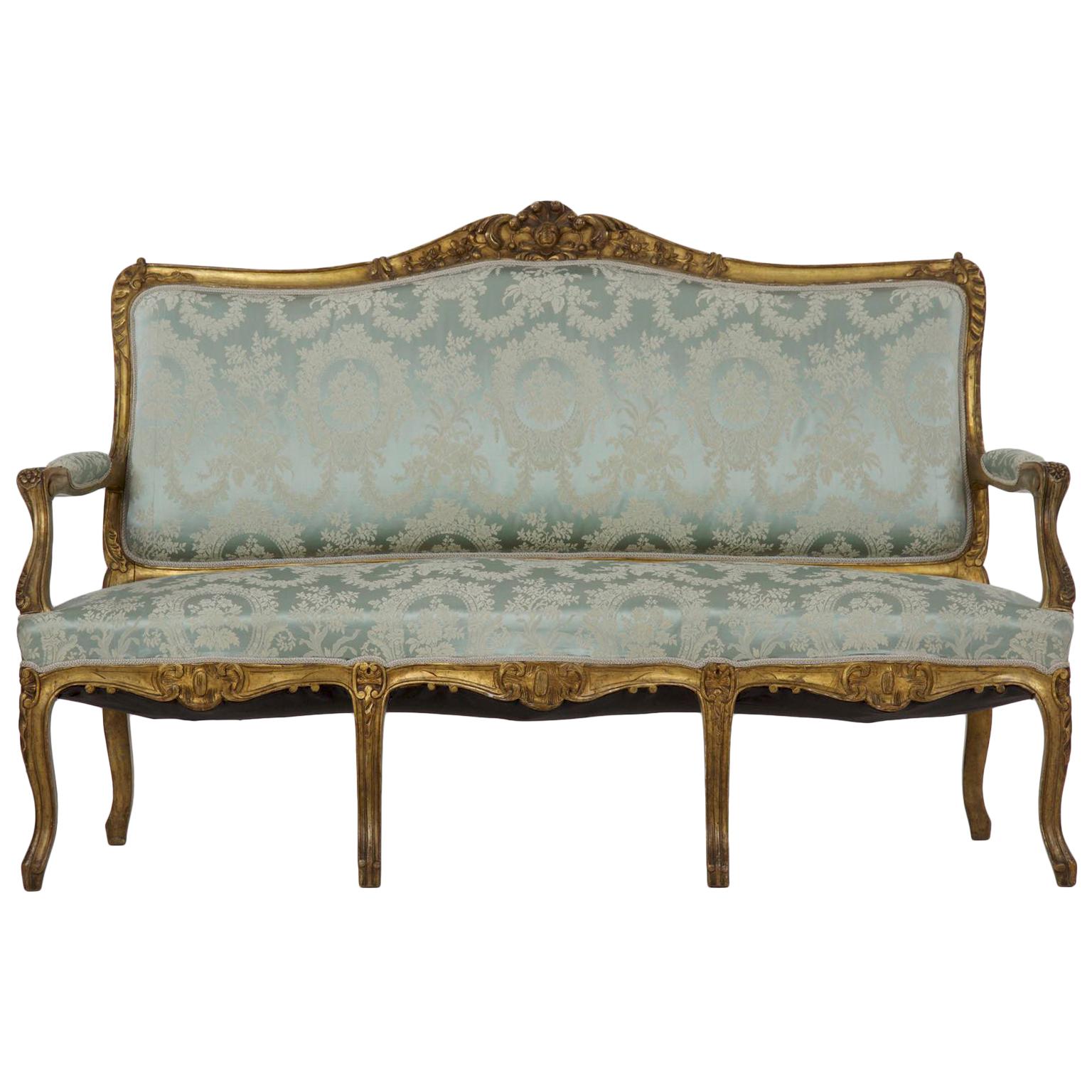 French Louis XV Style Giltwood Antique Settee Sofa in Blue Silk