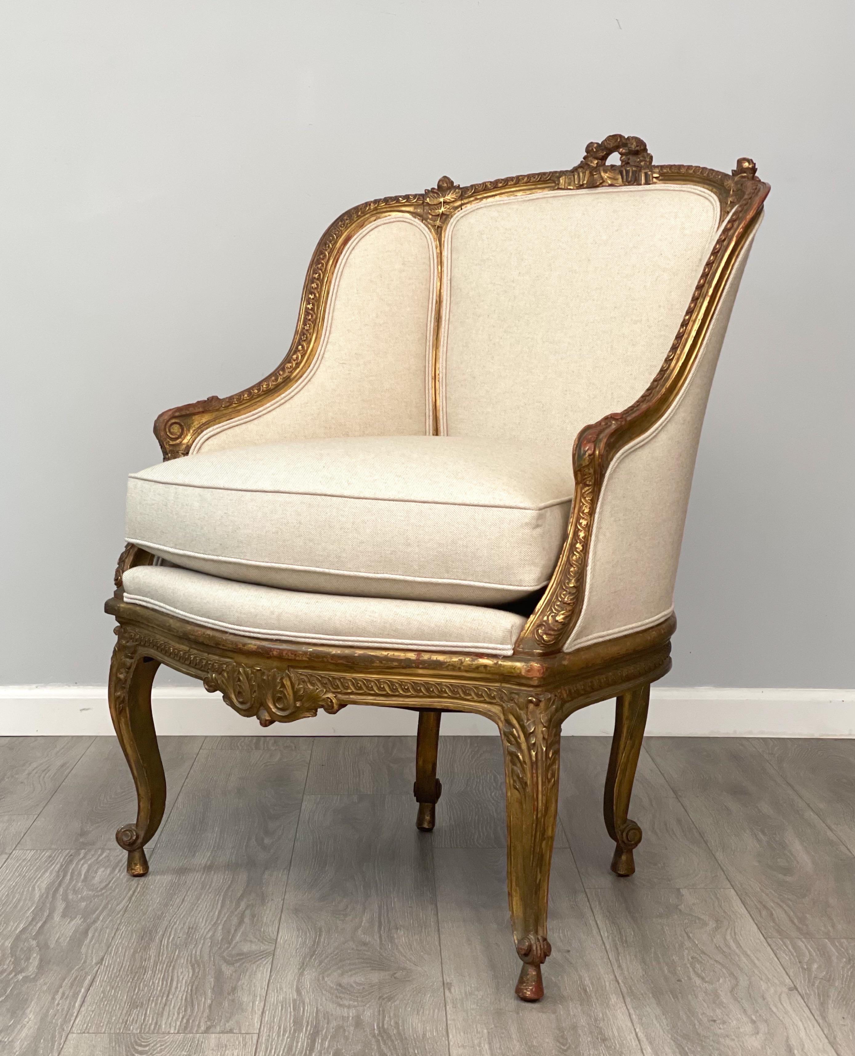 French Louis XV-Style Giltwood Armchair  In Good Condition In Los Angeles, CA