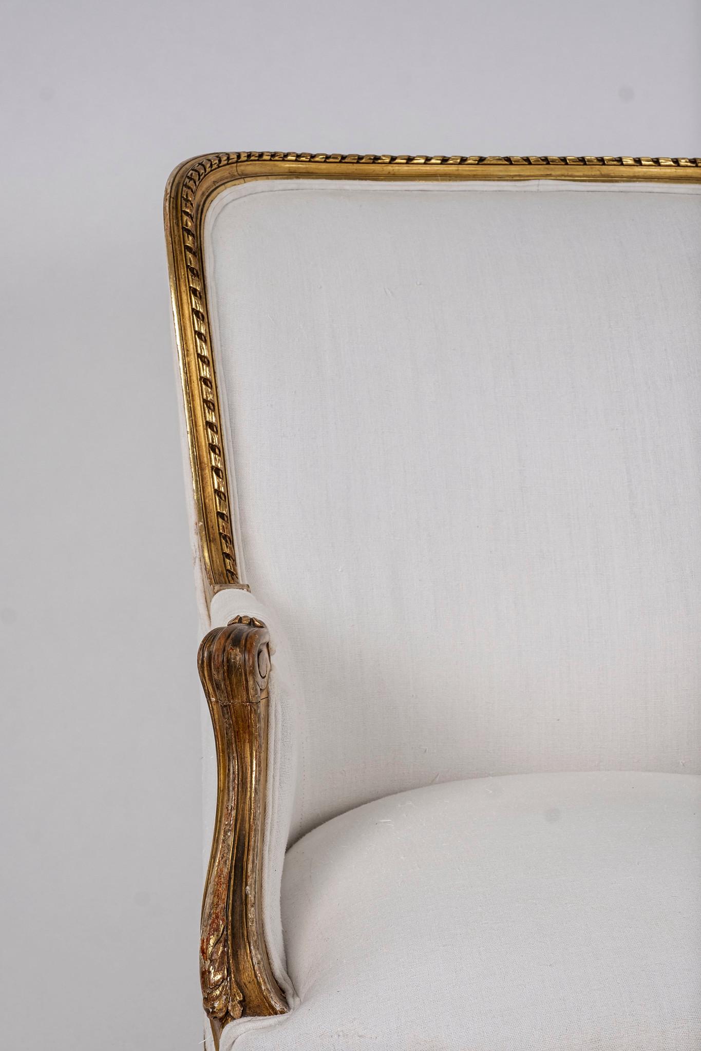 Louis XVI French Louis XV Style Giltwood Bergere Chair