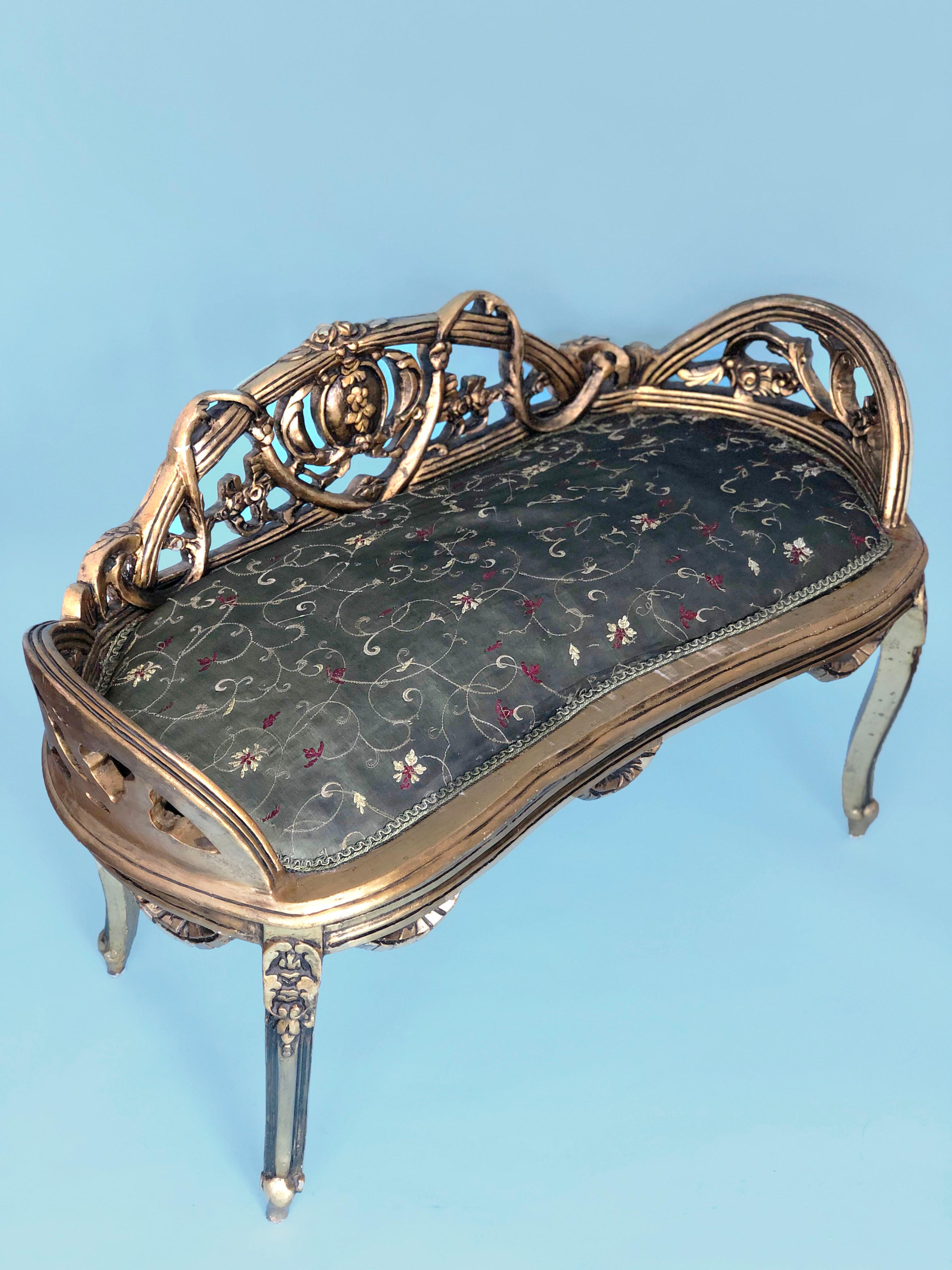 Embroidered French Louis XV Style GiltWood Carved Bench