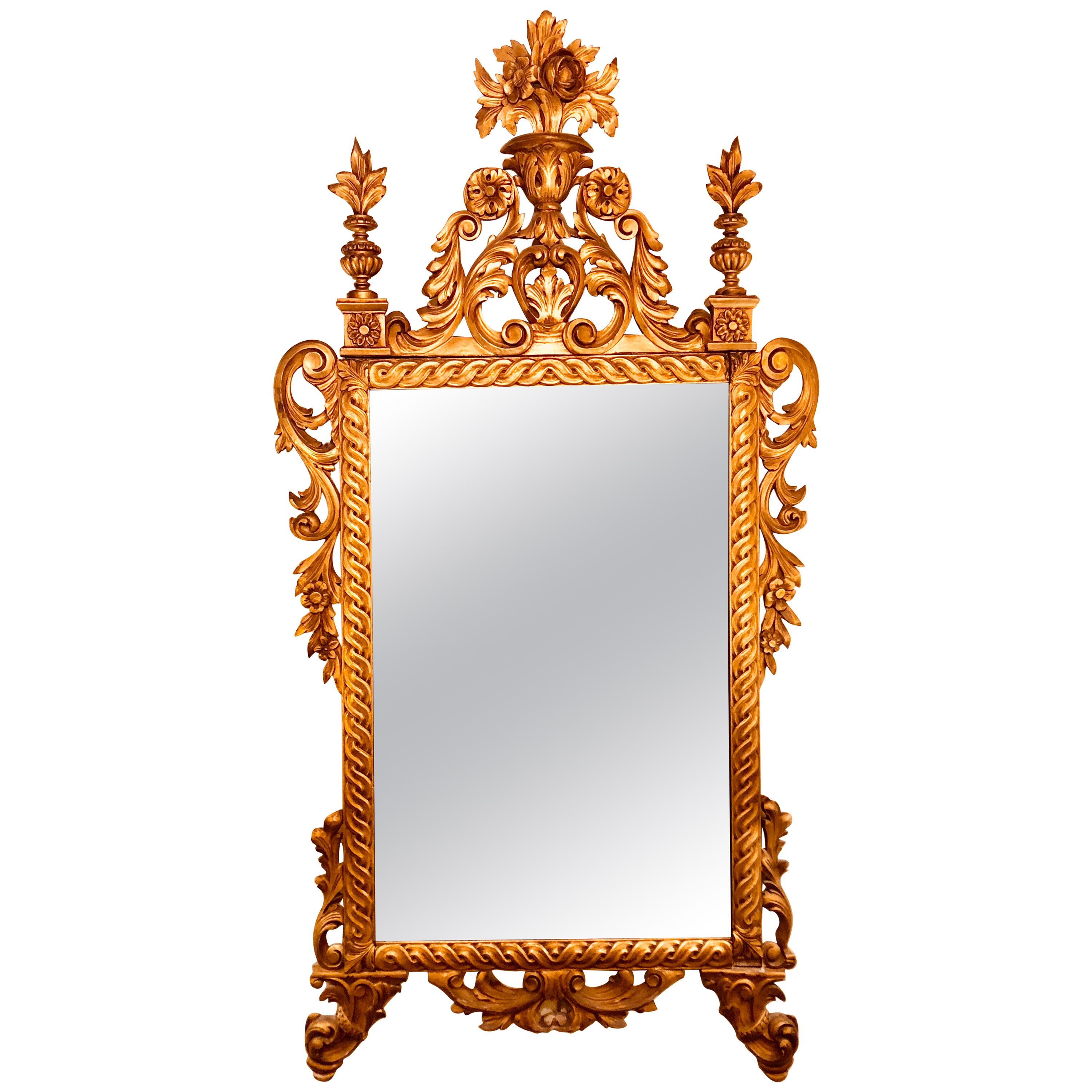 French Louis XV Style Giltwood Mirror with Carvings of Flowers, Leaves & Scrolls
