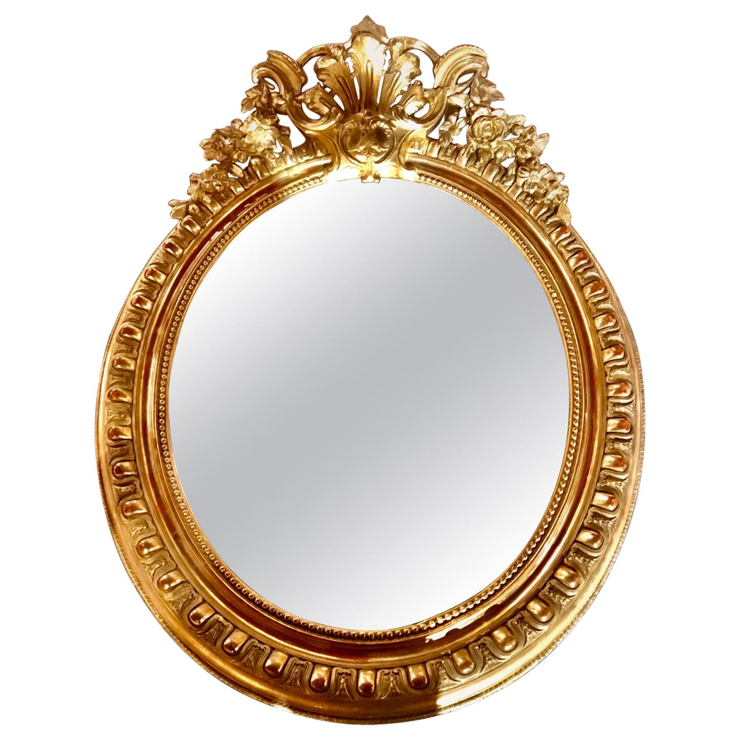 French Louis XV-Style Giltwood Oval Beveled Mirror, 19th Century