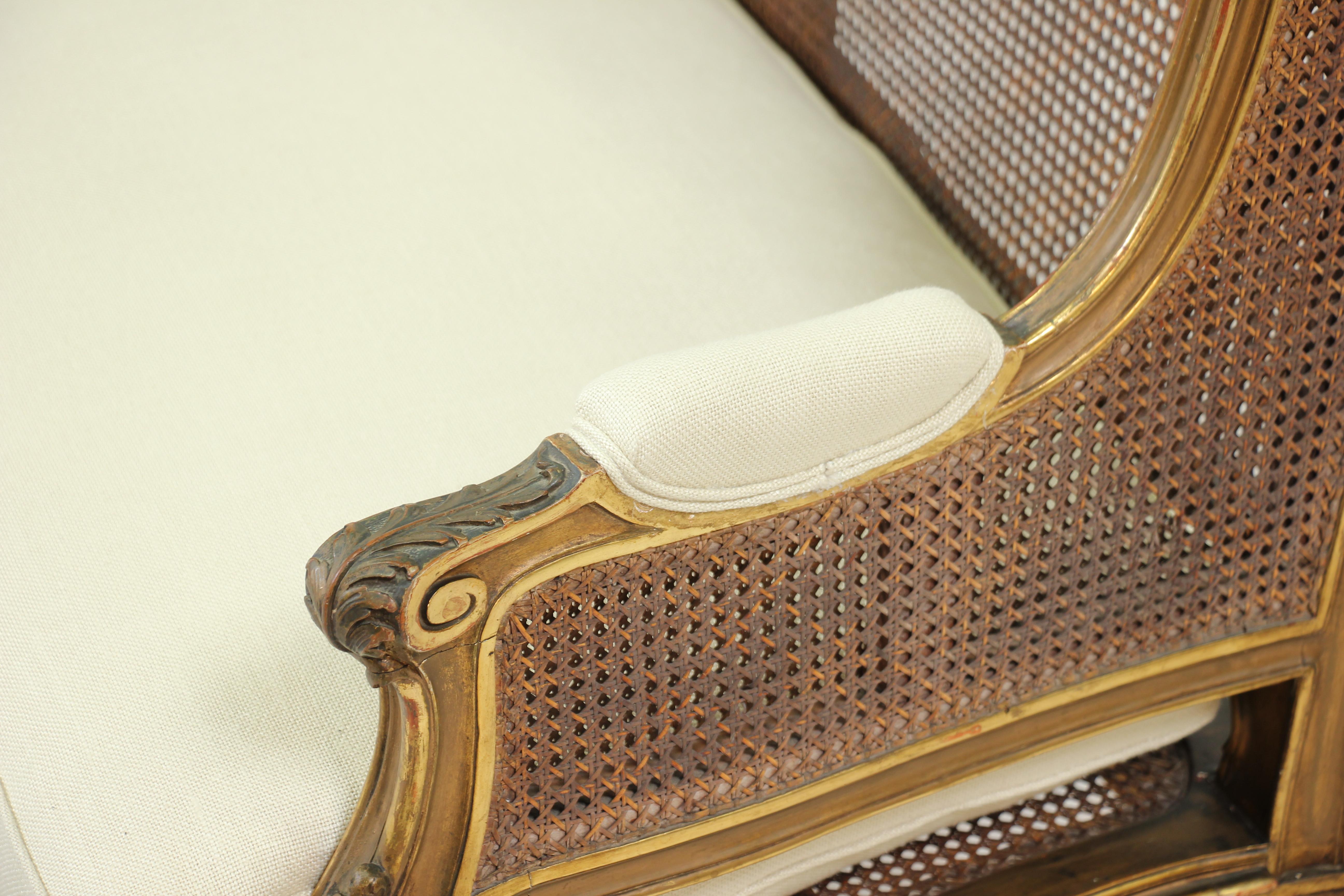 Linen French Louis XV-Style Giltwood Settee