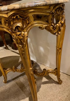 French Louis XV-Style Giltwood Side Table/Center Table with Marble Top