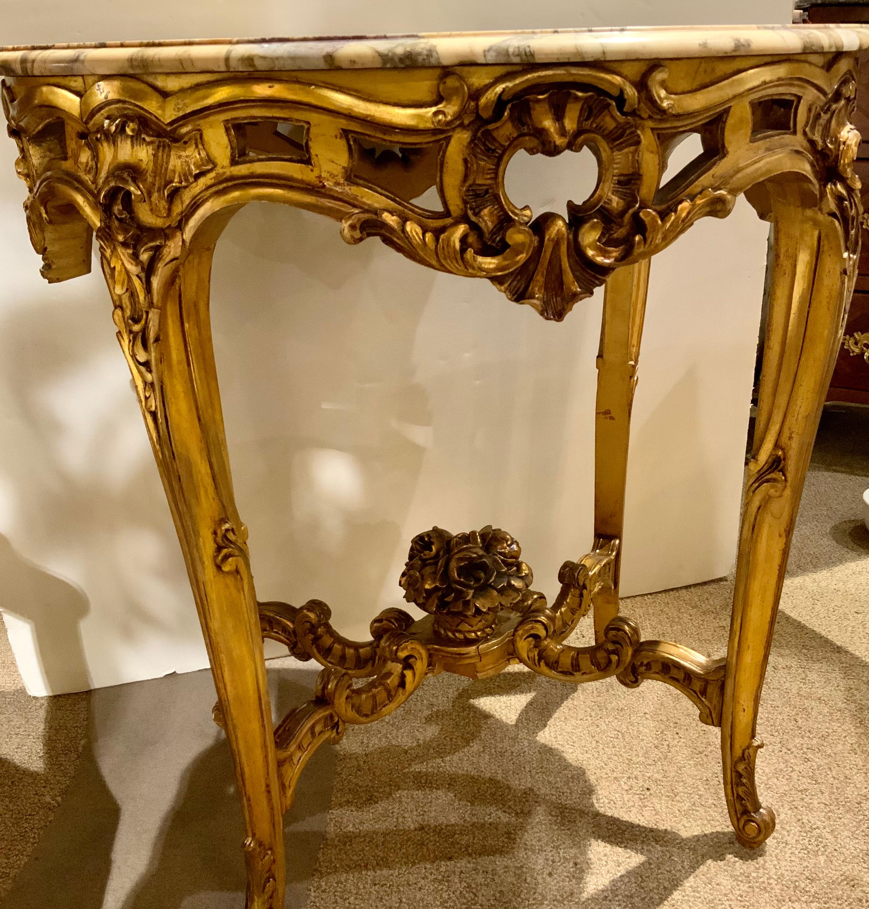 19th Century French Louis XV-Style Giltwood Side Table/Center Table with Marble Top For Sale