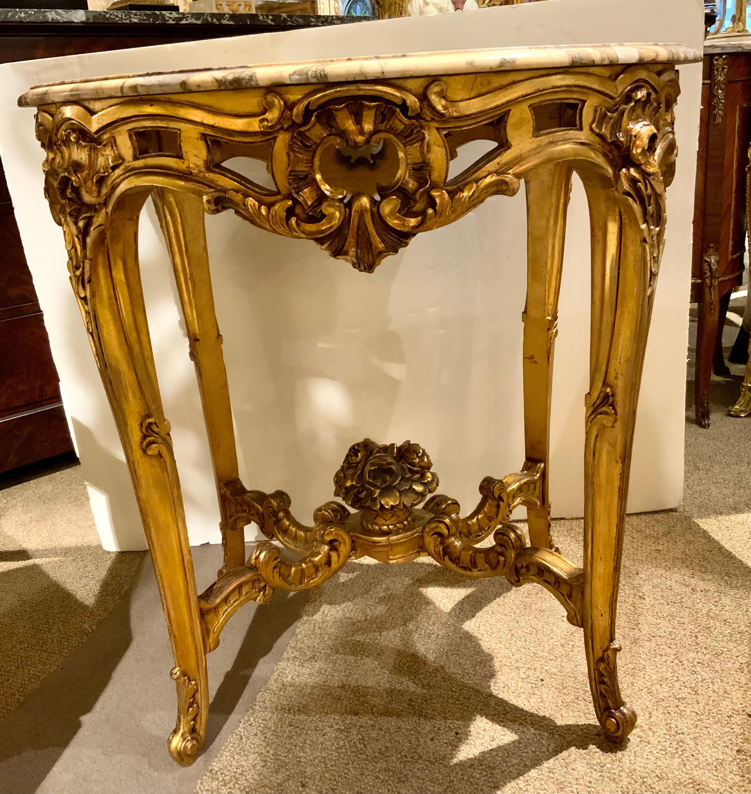 French Louis XV-Style Giltwood Side Table/Center Table with Marble Top For Sale 2