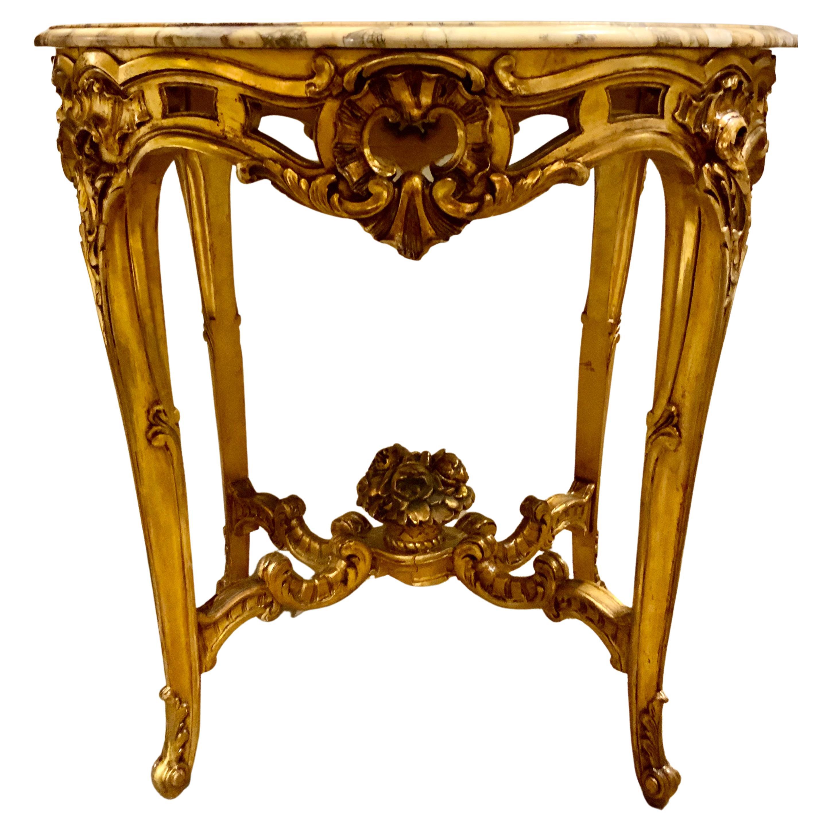 French Louis XV-Style Giltwood Side Table/Center Table with Marble Top For Sale