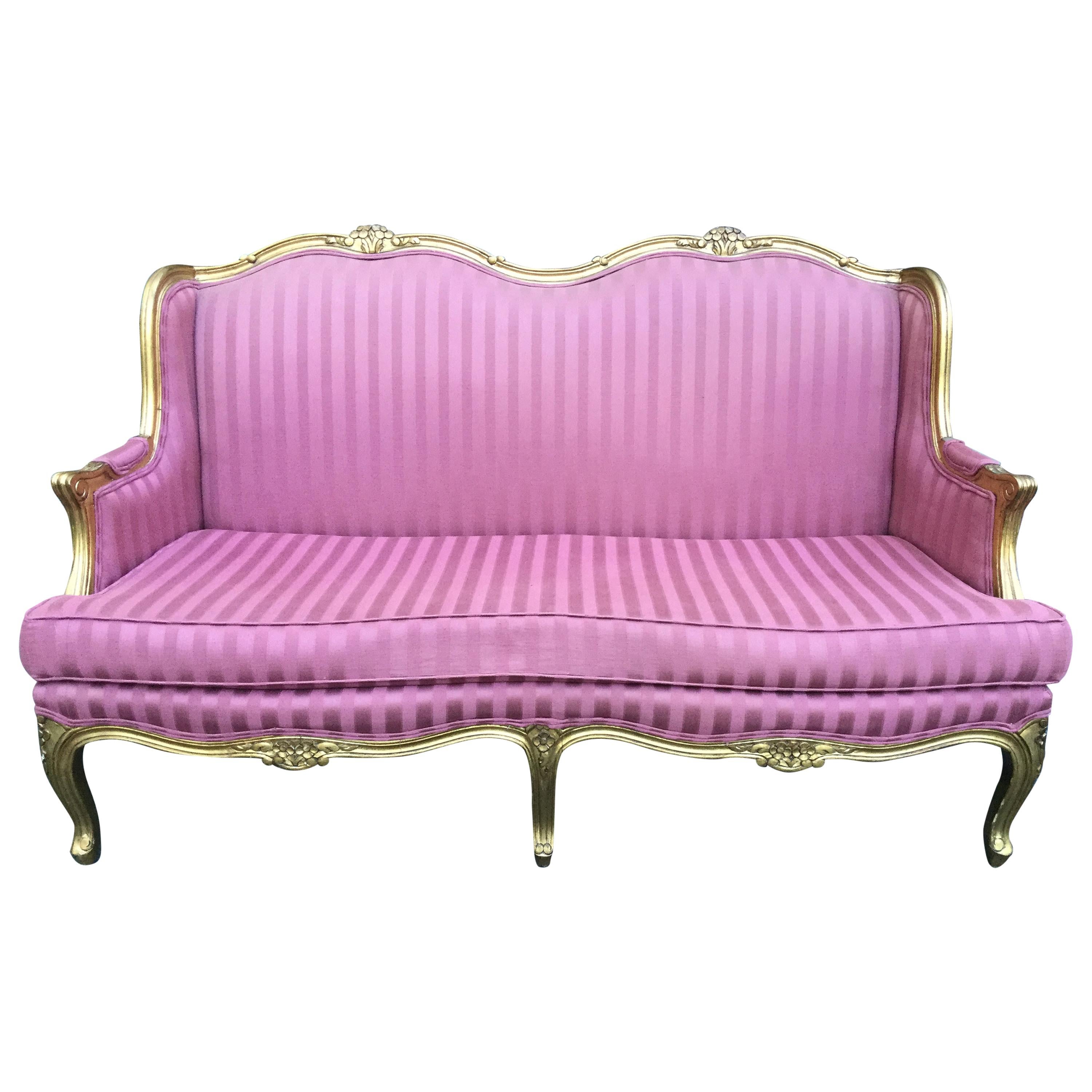 French Louis XV-Style Gold Frame Pink Settee For Sale