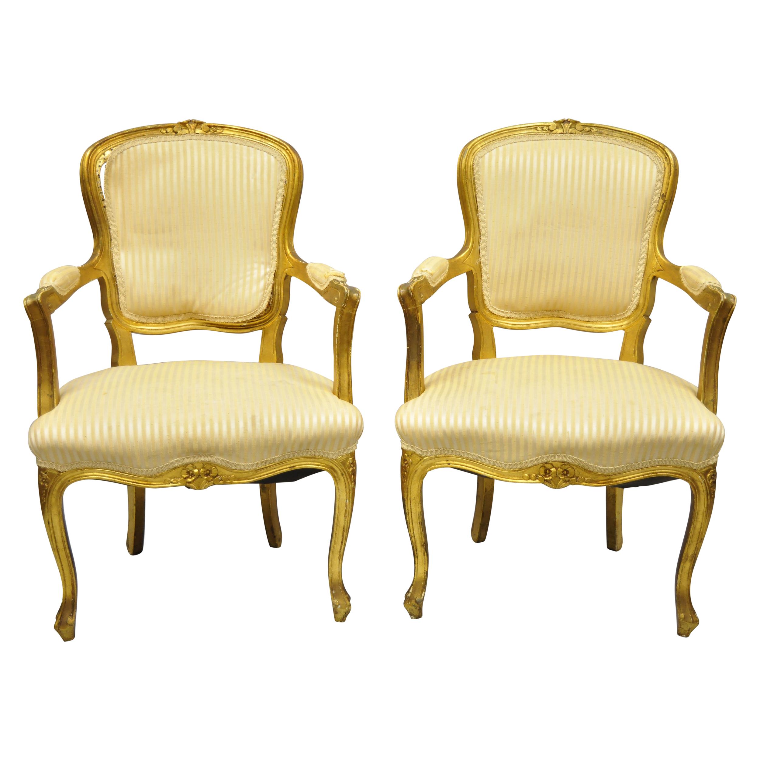 French Louis XV Style Gold Gilt Fauteuil Arm Chairs to Refinish DIY, a Pair For Sale