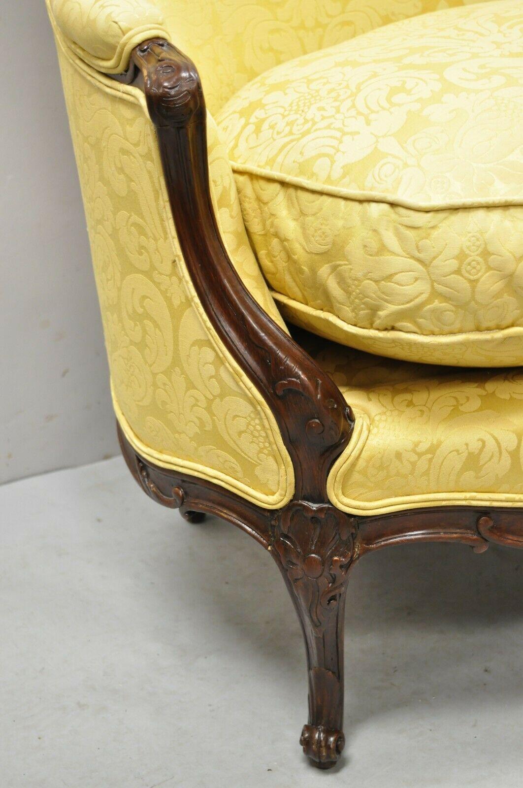 Fabric French Louis XV Style Gold Upholstered Wide Seat Lounge Chair Settee Bergere For Sale