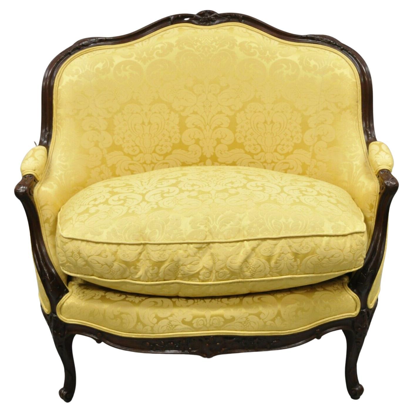 French Louis XV Style Gold Upholstered Wide Seat Lounge Chair Settee Bergere For Sale