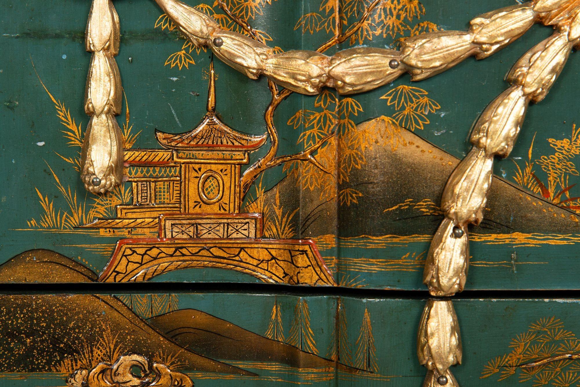 French Louis XV Style Green Chinoiserie Commode Chest of Drawers For Sale 11