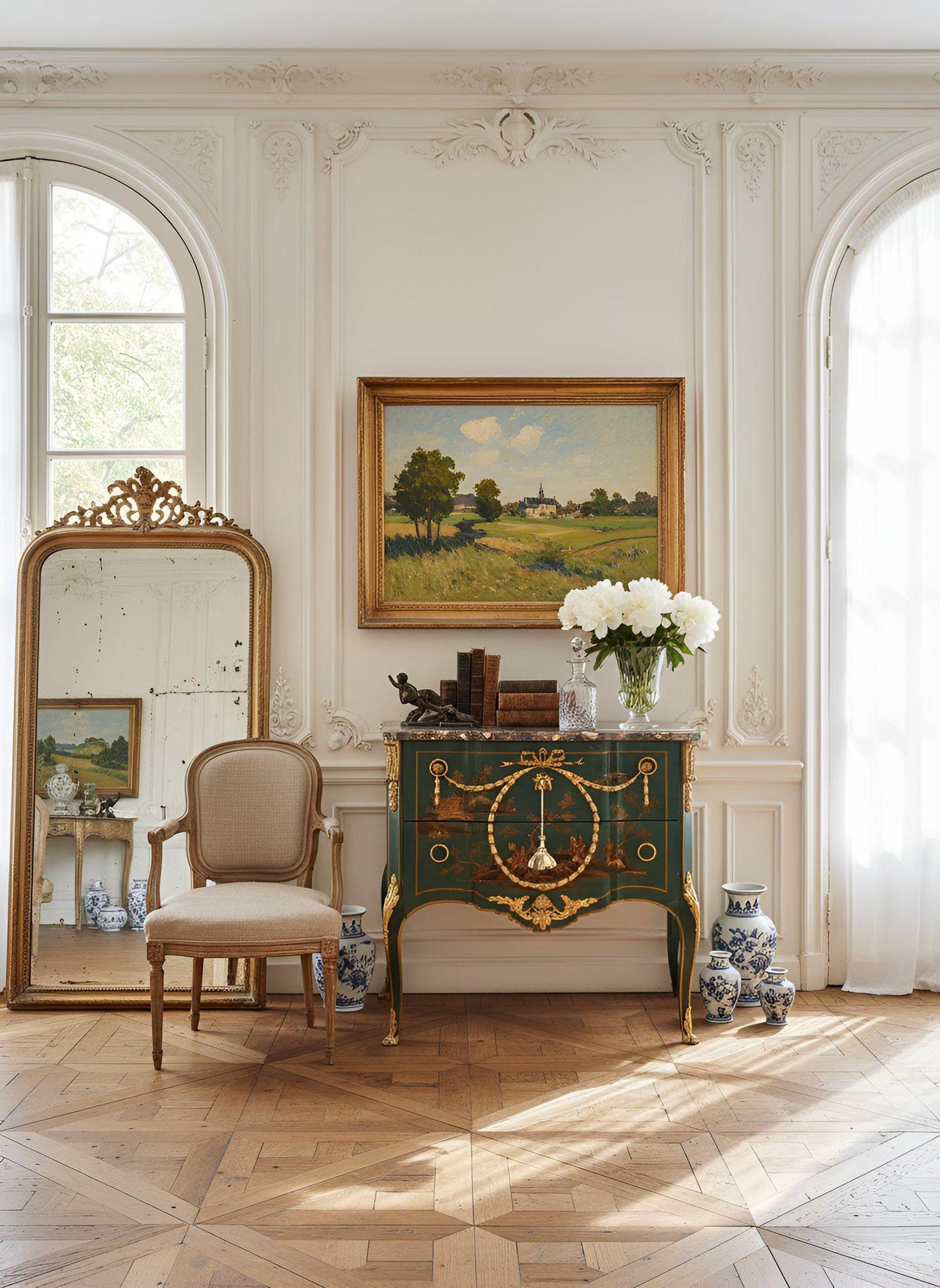 LOUIS XV STYLE GREEN-PAINTED CHINOISERIE MARBLE TOP COMMODE
Probably French, late 19th to early 20th century

34 3/8