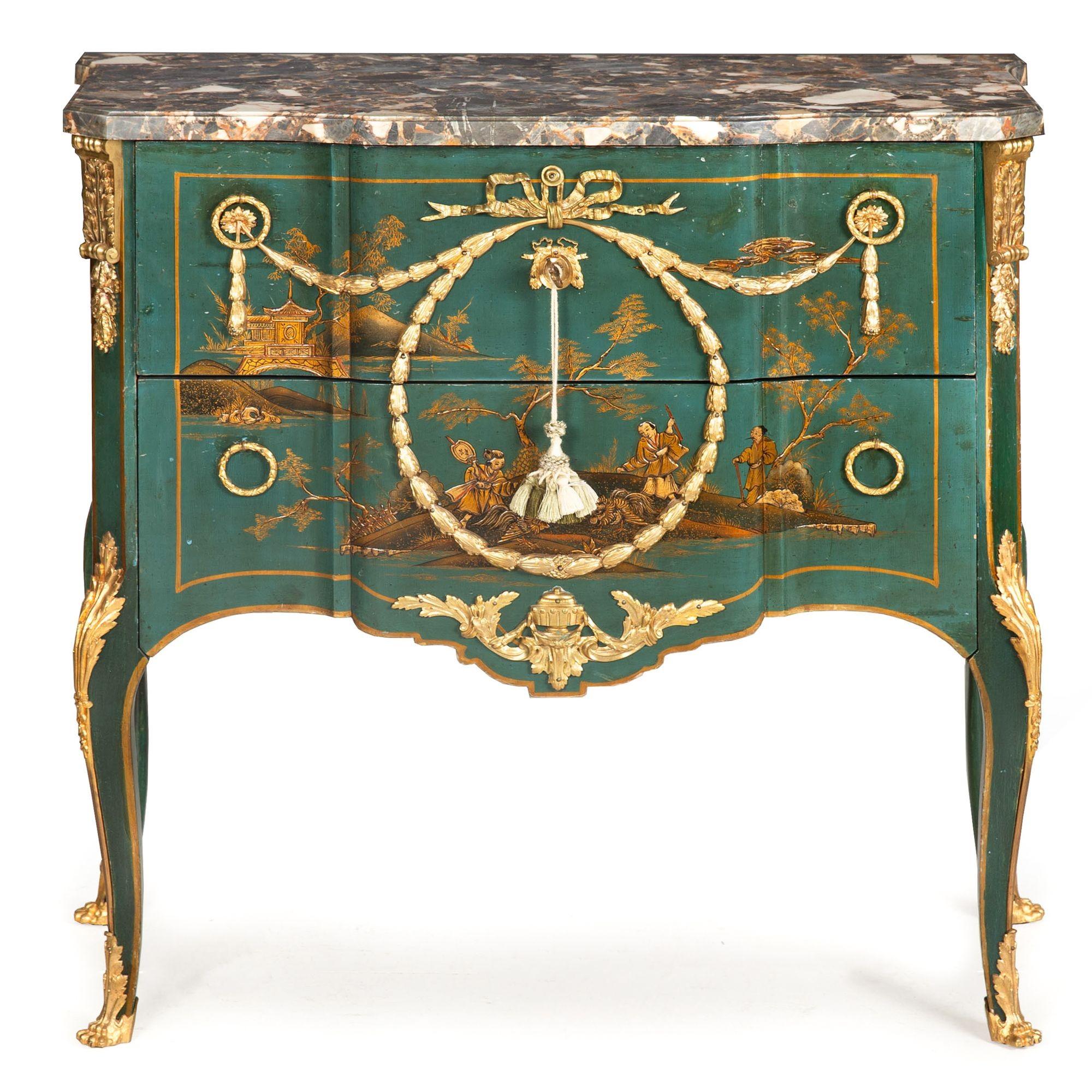 Hand-Carved French Louis XV Style Green Chinoiserie Commode Chest of Drawers For Sale