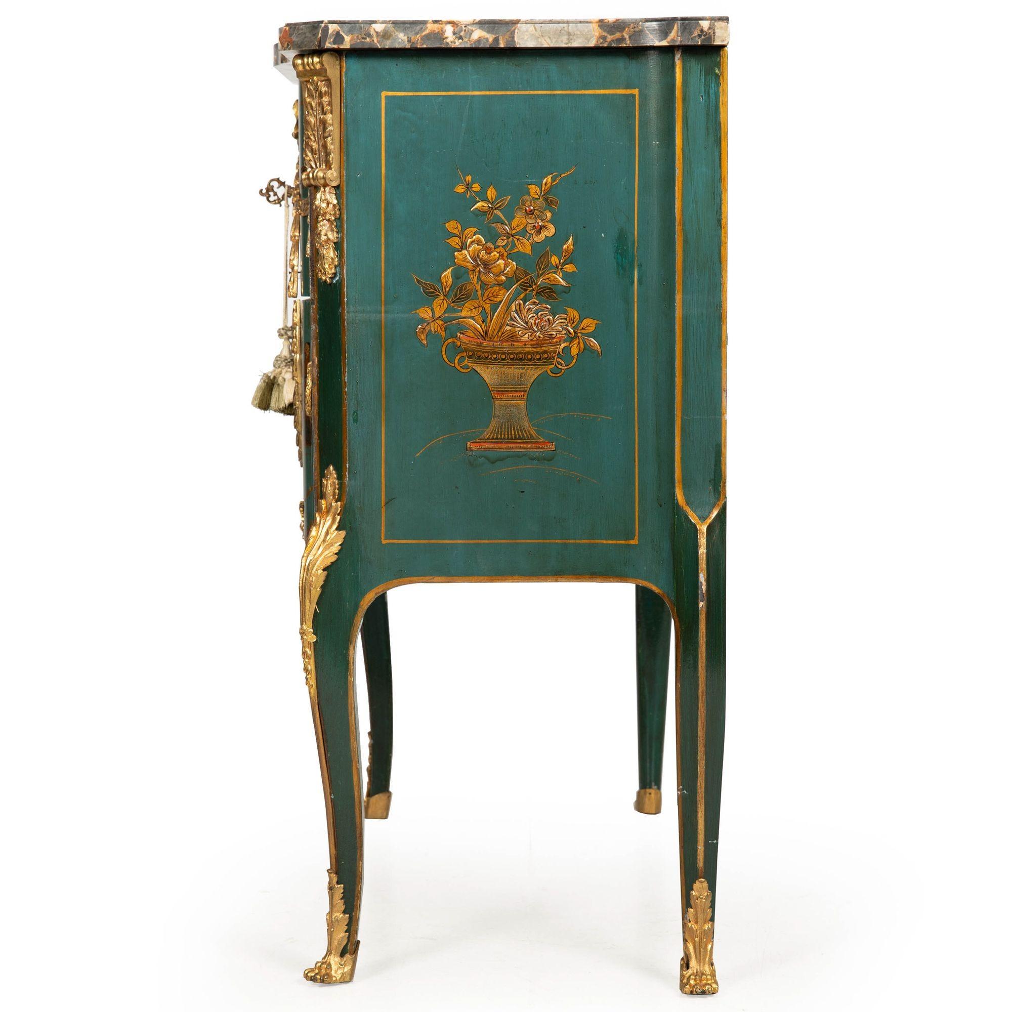 Bronze French Louis XV Style Green Chinoiserie Commode Chest of Drawers For Sale