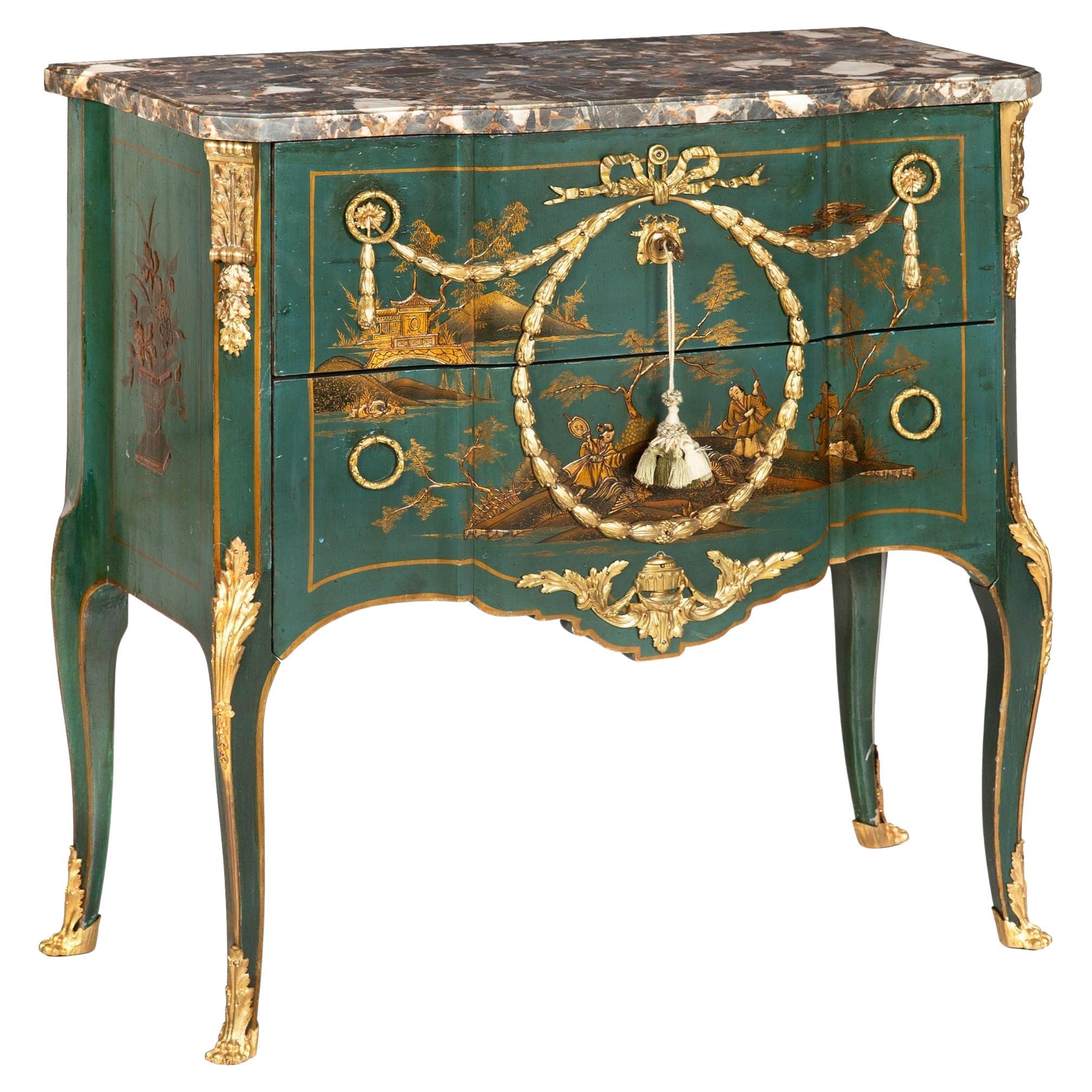 French Louis XV Style Green Chinoiserie Commode Chest of Drawers
