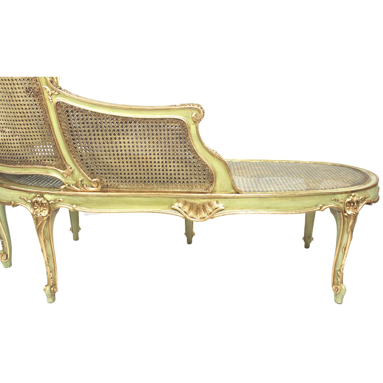 French Louis XV Style Green-Lacquered and Parcel Giltwood Carved Chaise Lounge For Sale 13