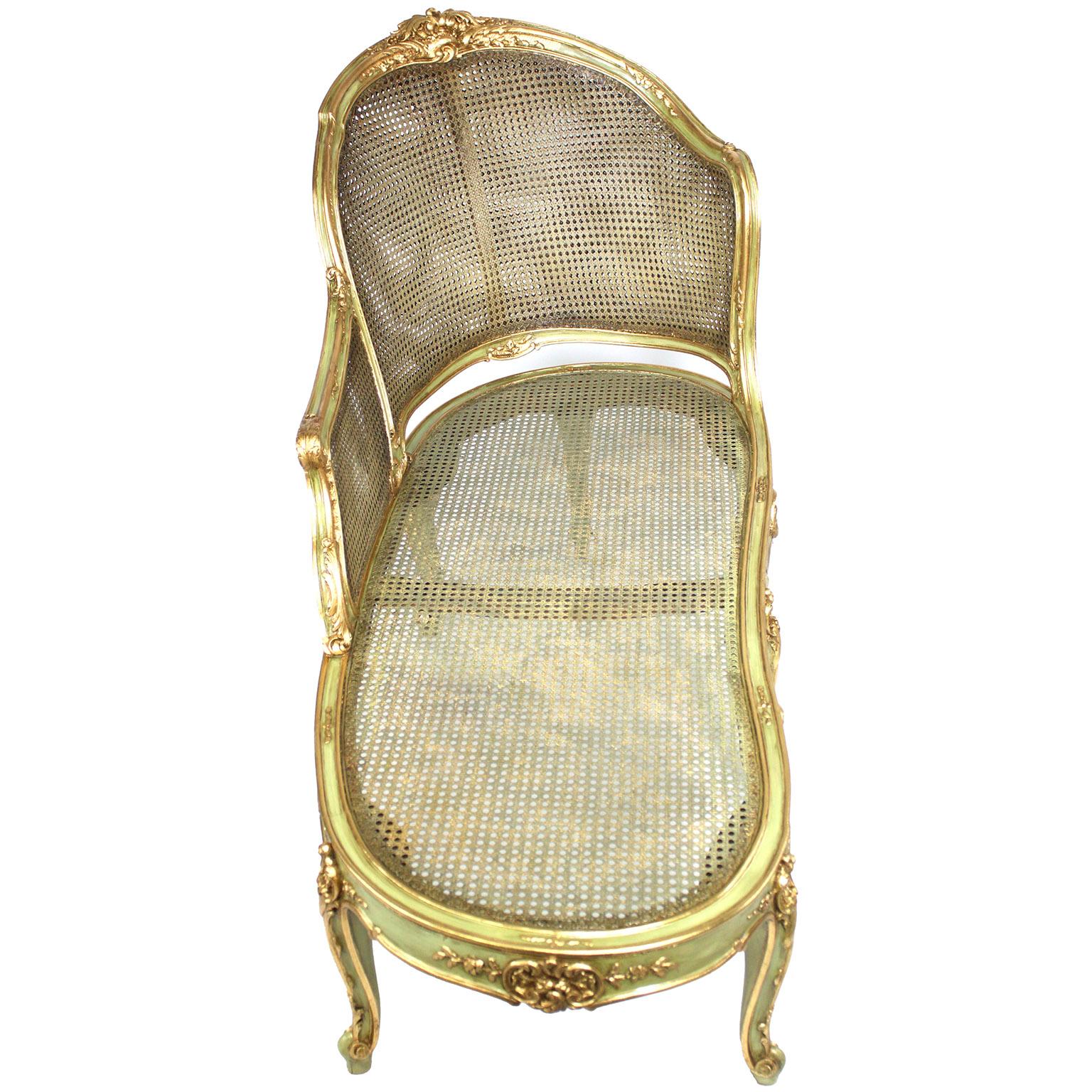 Cane French Louis XV Style Green-Lacquered and Parcel Giltwood Carved Chaise Lounge For Sale