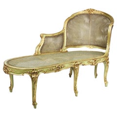 Antique  French Louis XV Style Green-Lacquered and Parcel Giltwood Carved Chaise Lounge 