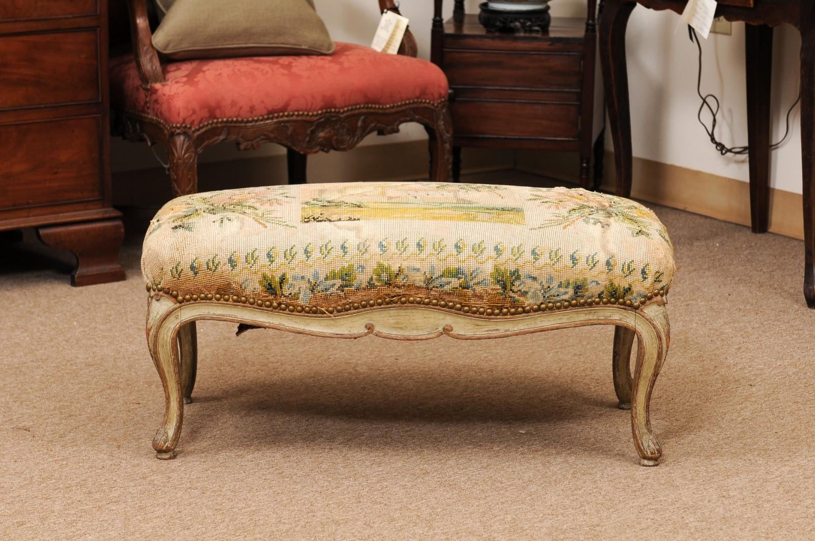 French Louis XV Style Green Painted & Parcel Gilt Bench with Needlework  For Sale 5