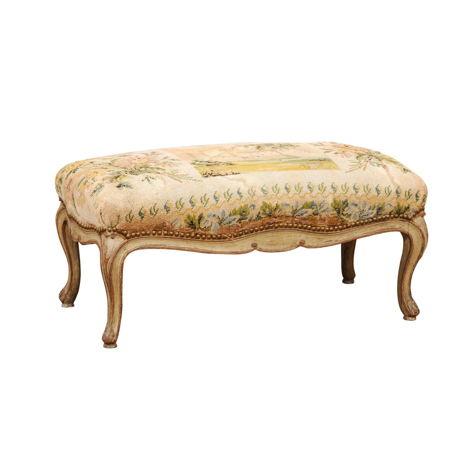 French Louis XV Style Green Painted & Parcel Gilt Bench with Needlework  For Sale 6