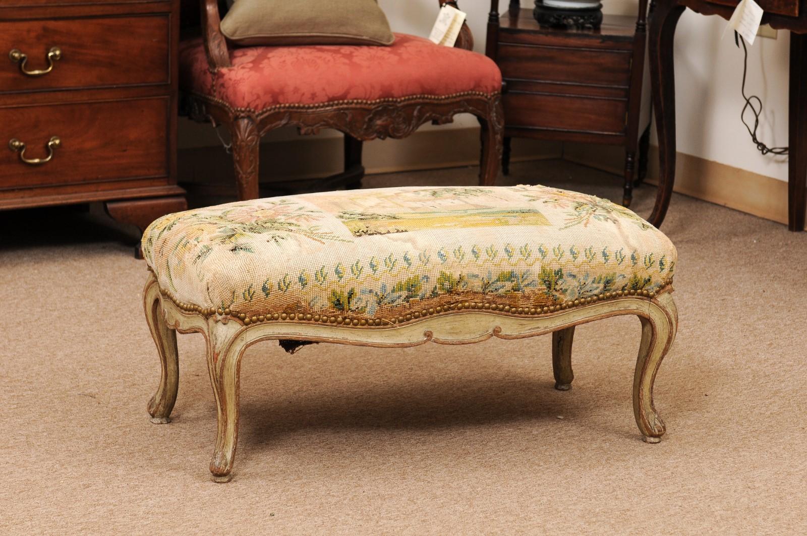 French Louis XV Style Green Painted & Parcel Gilt Bench with Needlework Upholstery, ca. 1890
