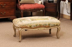 French Louis XV Style Green Painted & Parcel Gilt Bench with Needlework