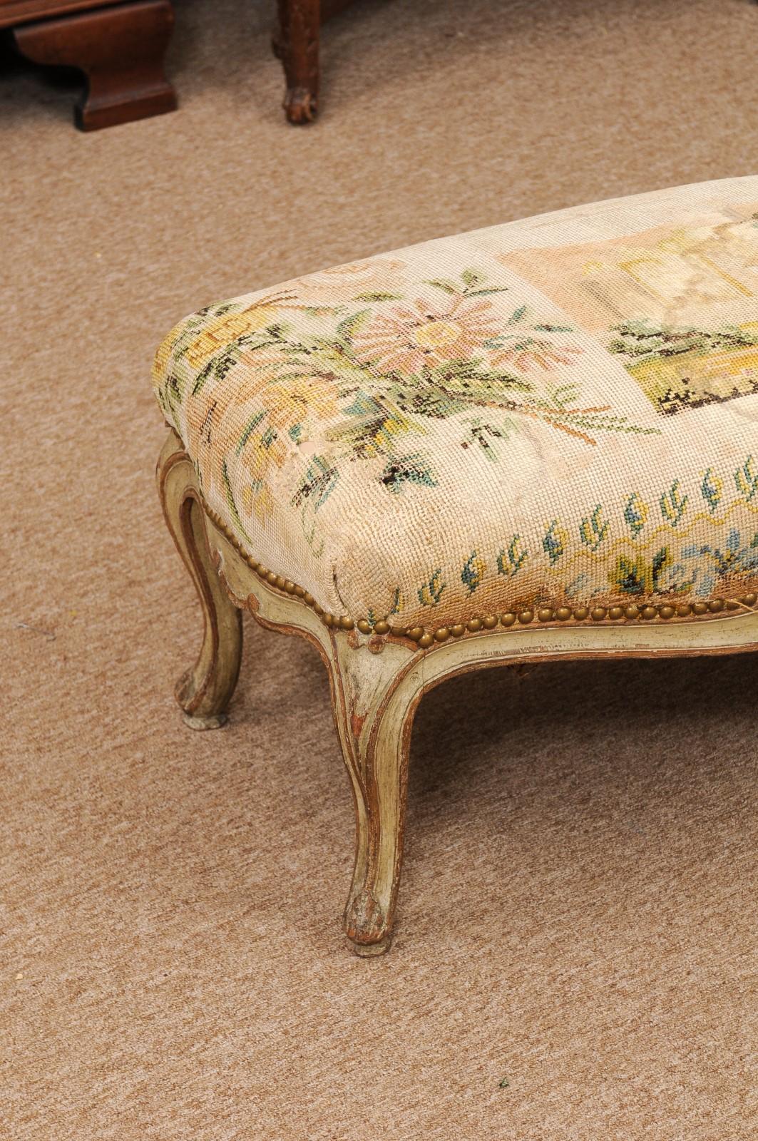 French Louis XV Style Green Painted & Parcel Gilt Bench with Needlework  In Good Condition For Sale In Atlanta, GA
