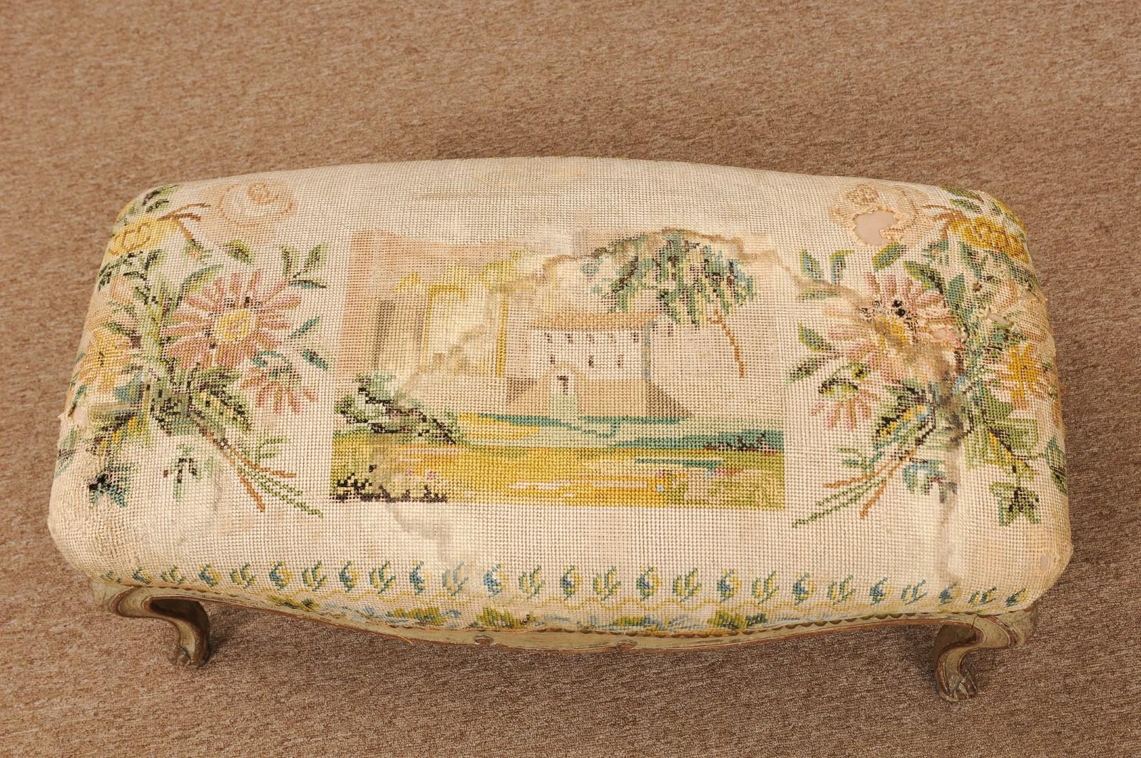 Late 19th Century French Louis XV Style Green Painted & Parcel Gilt Bench with Needlework  For Sale