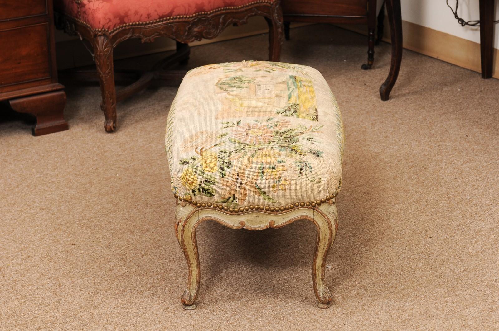 Upholstery French Louis XV Style Green Painted & Parcel Gilt Bench with Needlework For Sale