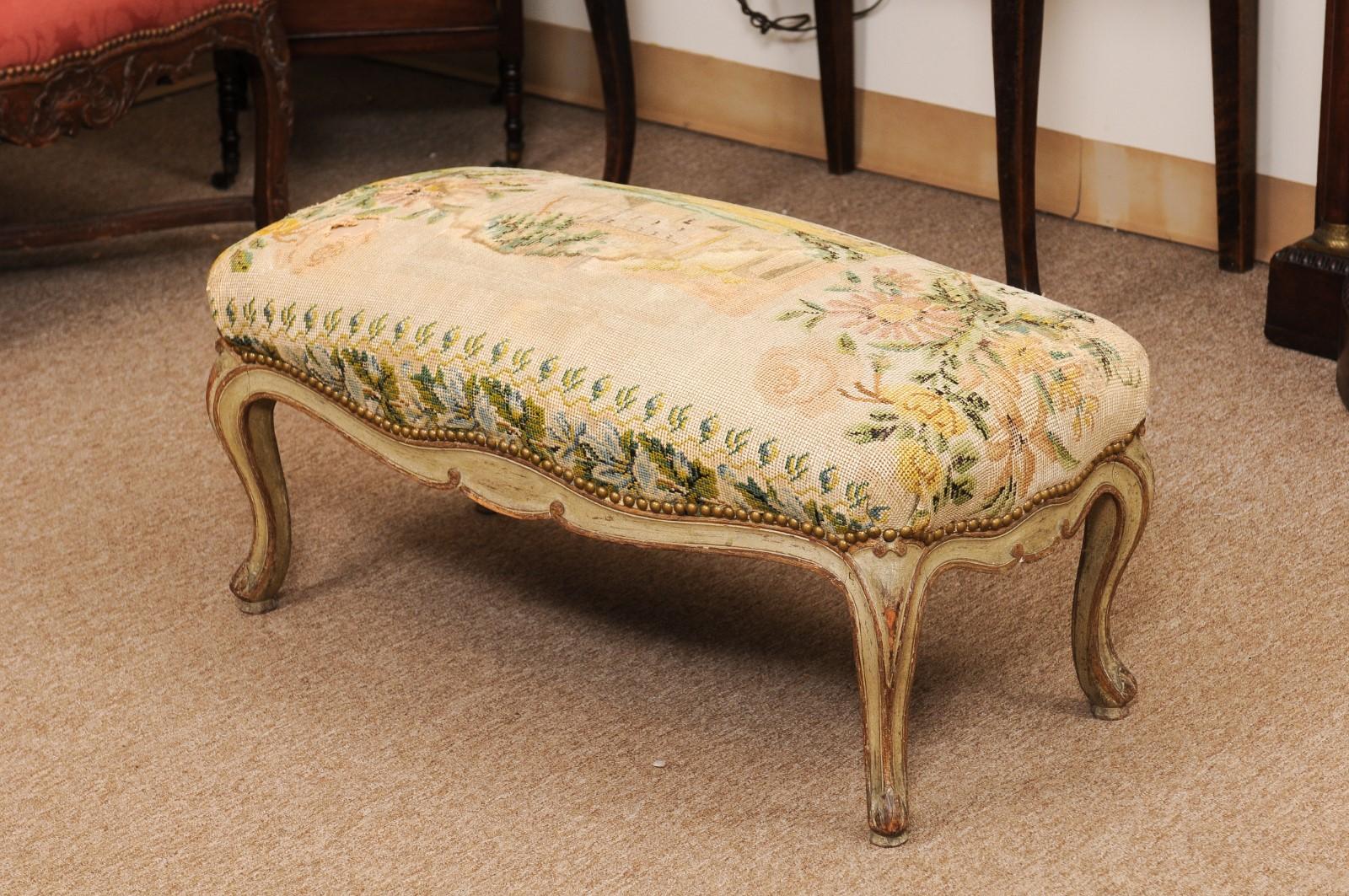 French Louis XV Style Green Painted & Parcel Gilt Bench with Needlework  For Sale 1