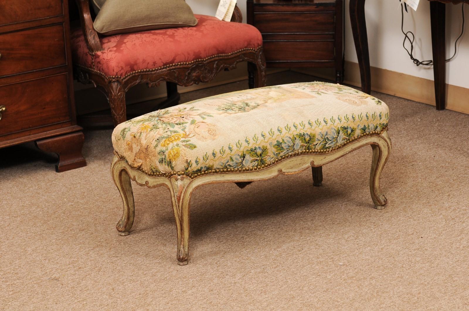 French Louis XV Style Green Painted & Parcel Gilt Bench with Needlework  For Sale 3